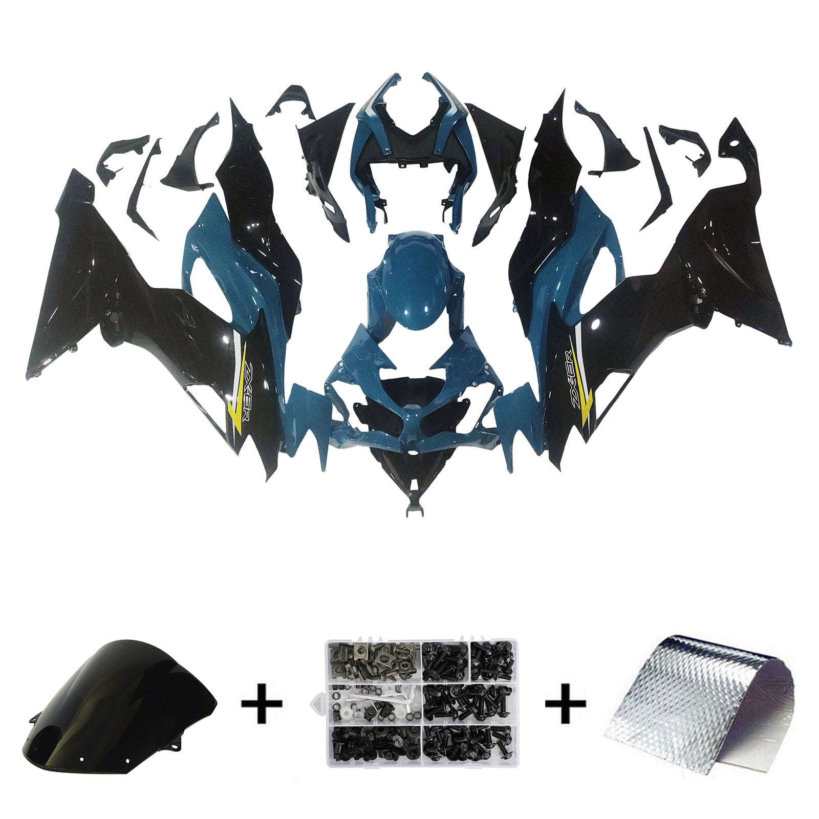 Amotopart 2019-2023 Kawasaki ZX6R Black Light Blue Fairing Kit