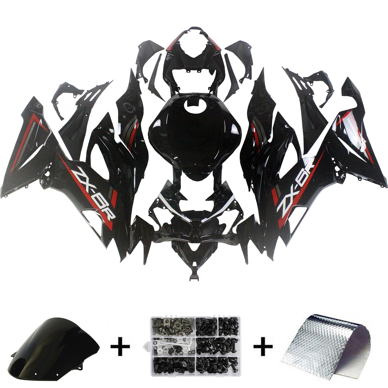 Amotopart 2019-2023 Kawasaki ZX6R Glossy Red Black Fairing Kit