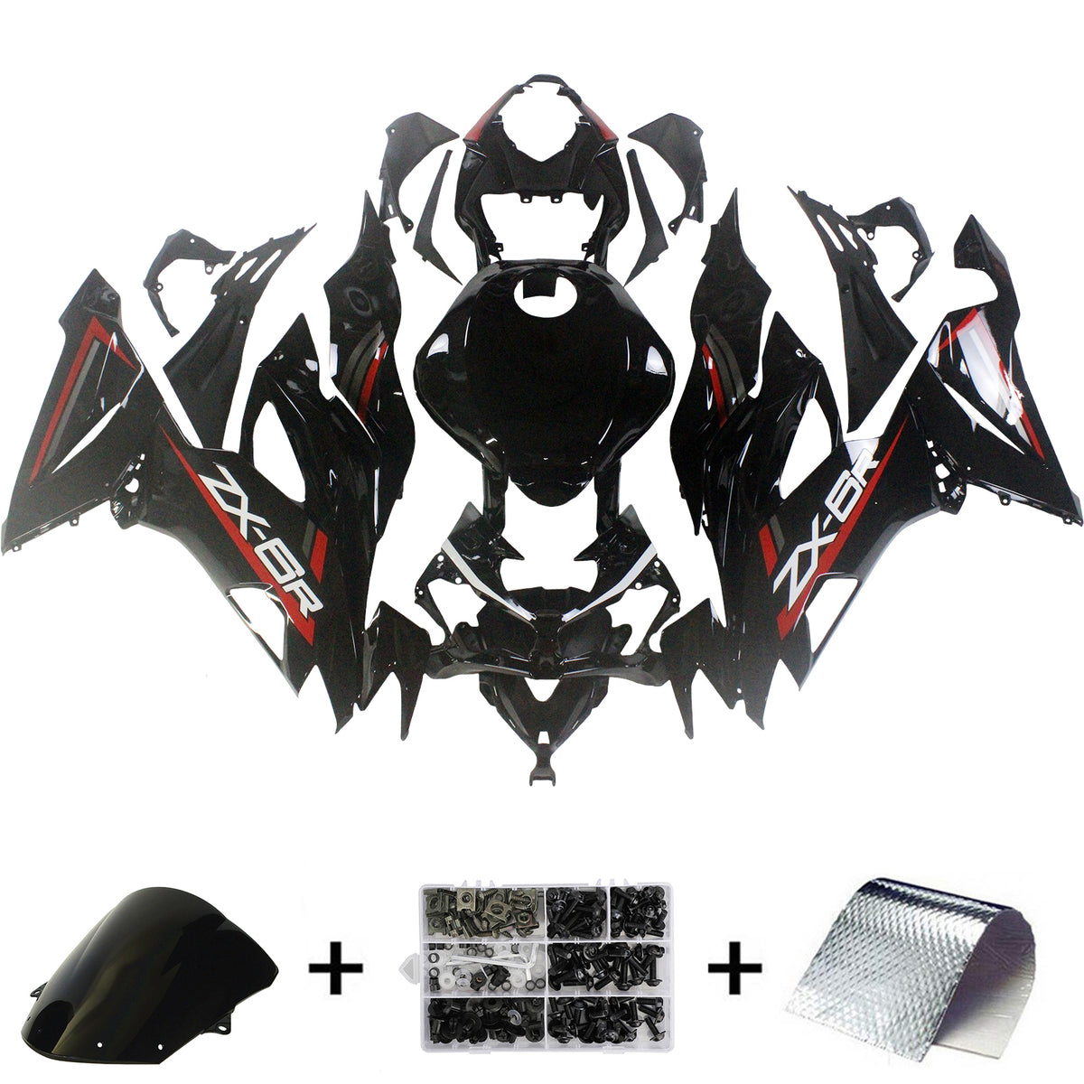 Amotopart 2019-2023 Kawasaki ZX6R Glossy Red Black Fairing Kit