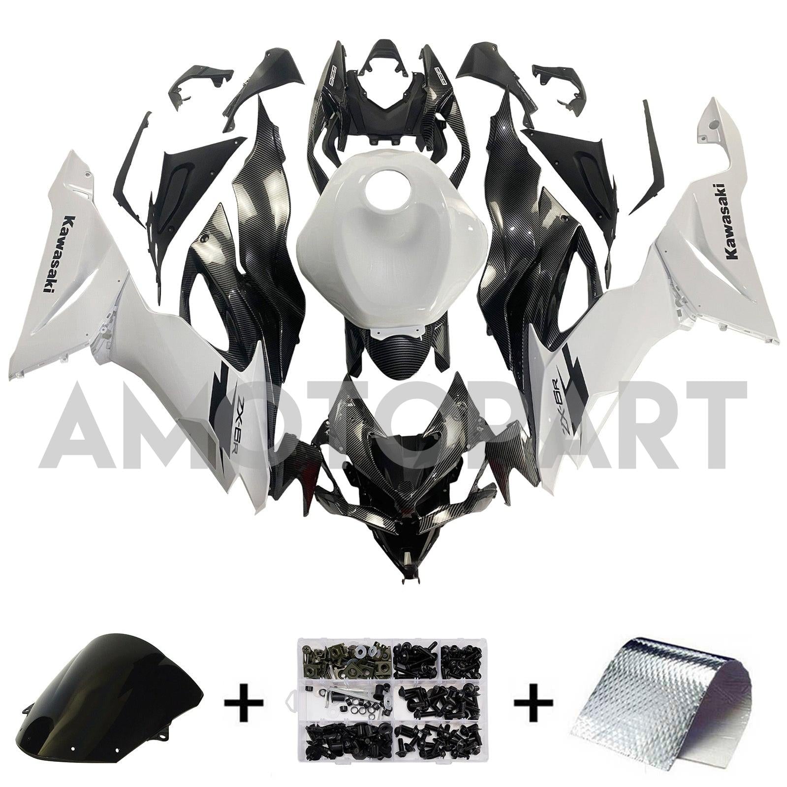 Amotopart 2019-2023 Kawasaki ZX6R Carbon Fiber White Fairing Kit