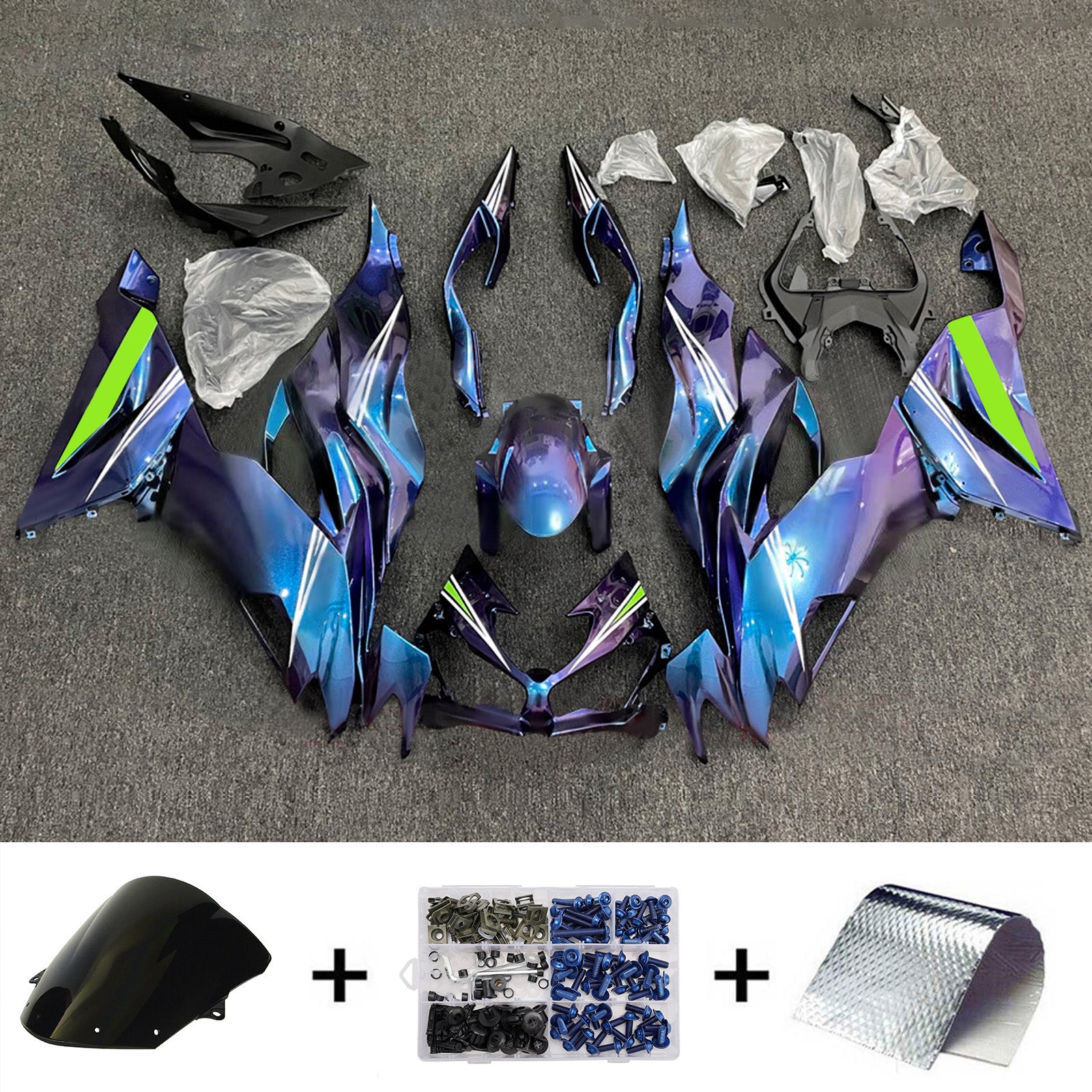 Amotopart 2019–2023 Kawasaki ZX6R Blau Lila Chamäleon Verkleidungsset