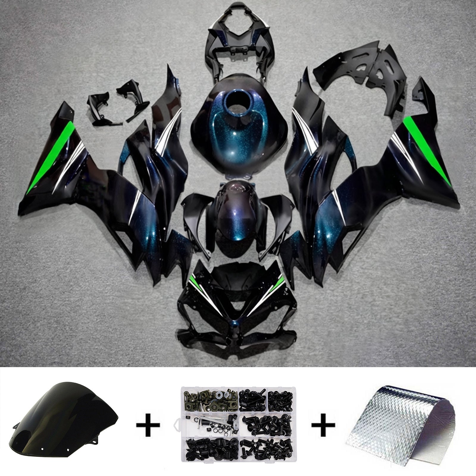 Amotopart 2019-2023 Kawasaki ZX6R Sort Blå Hvid Grøn Fairing Kit