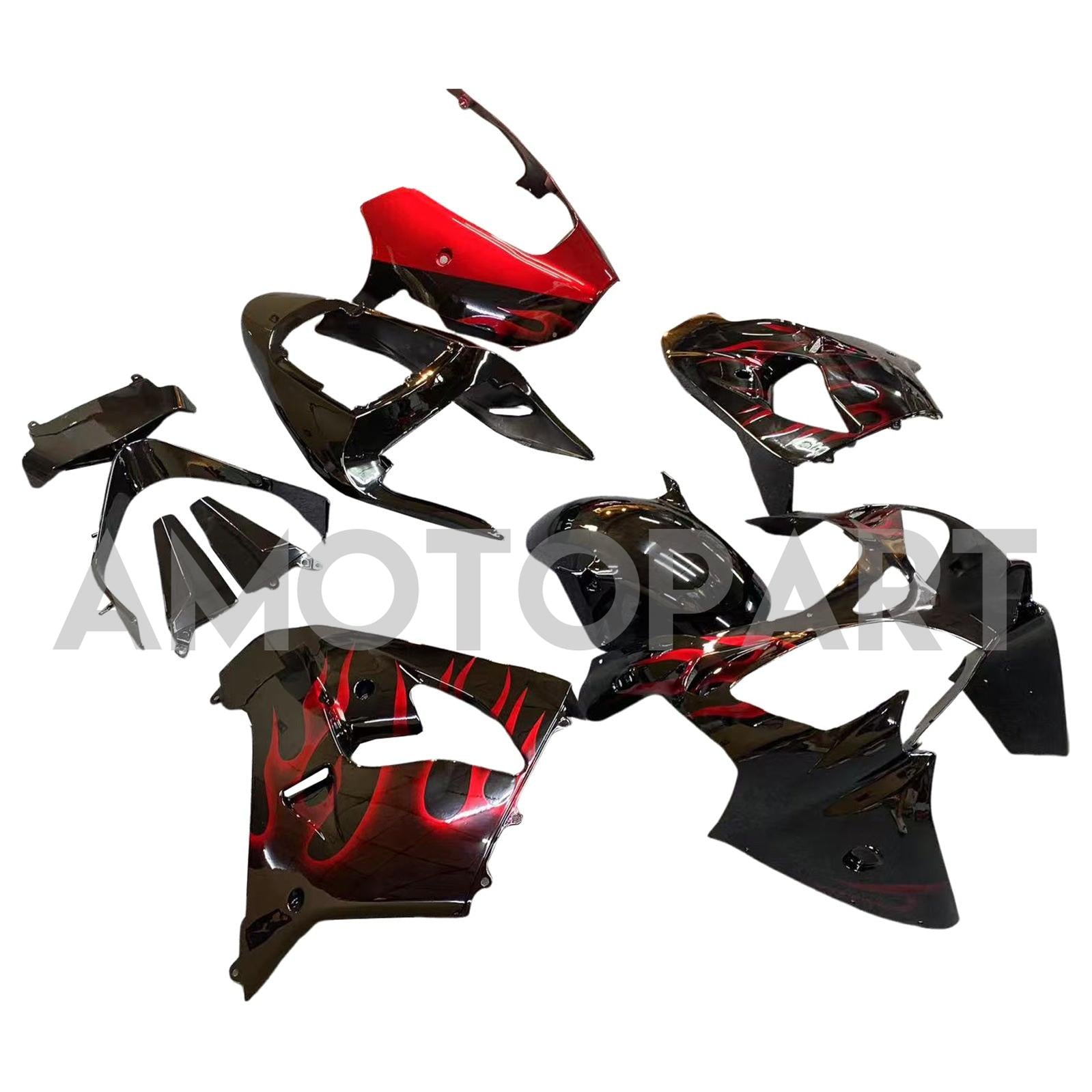 Amotopart 2002-2003 Kawasaki ZX9R Black with Red Flame Fairing Kit