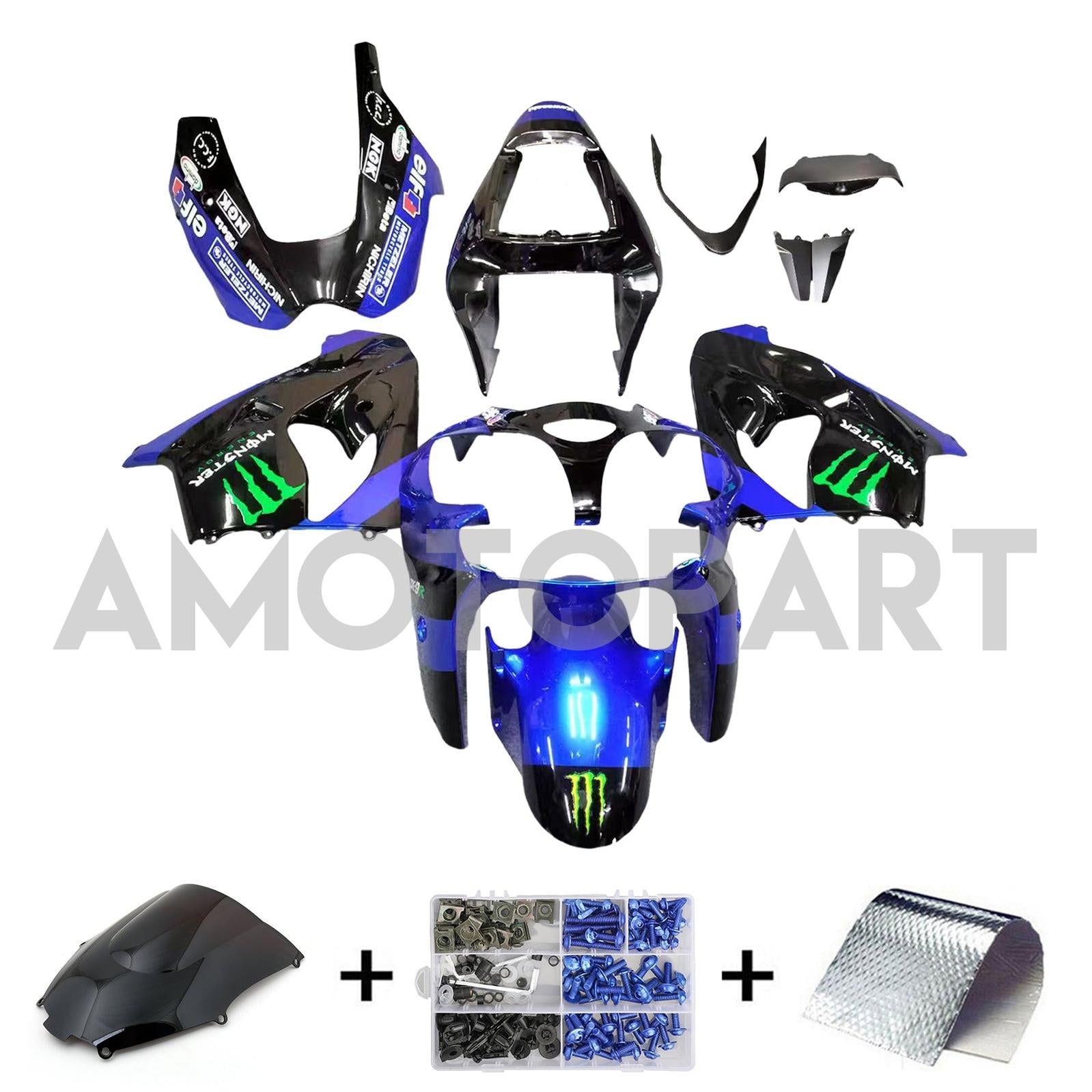 Amotopart 2002-2003 Kawasaki ZX9R Black&Blue Monster Style1 Fairing Kit
