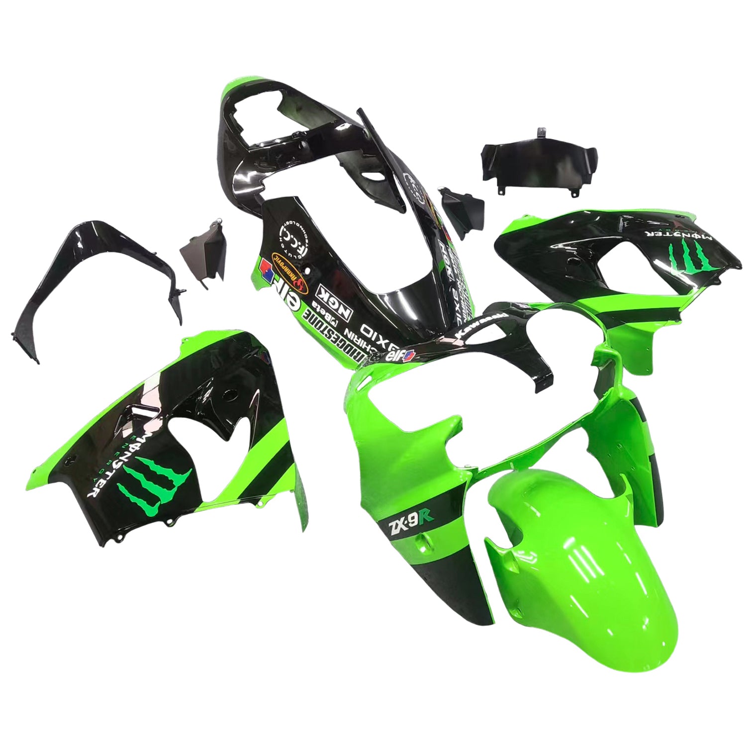 Amotopart 2002-2003 Kawasaki ZX9R Black&Green Monster Style1 Fairing Kit