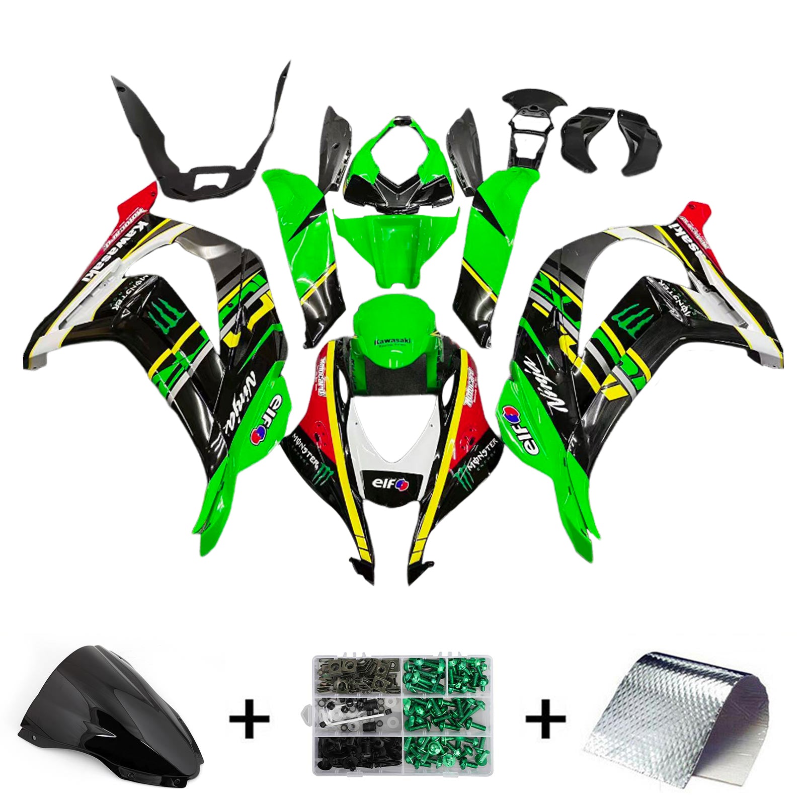 Amotopart Kawasaki 2016-2020 ZX10R Kit de carénage de mélange de couleurs vert noir