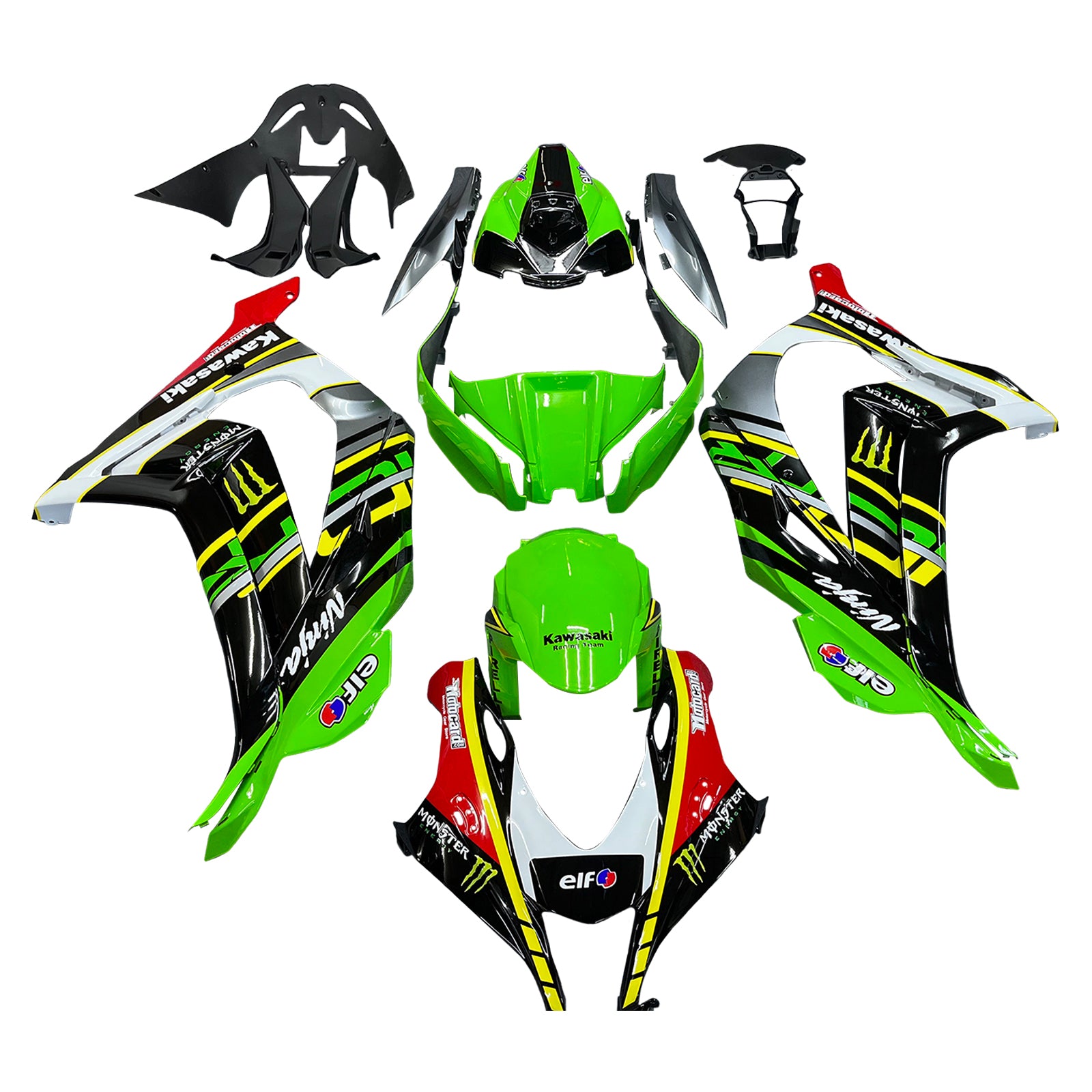 Amotopart 2016-2020 Kawasaki ZX10R ブラック&グリーン Style9 フェアリングキット