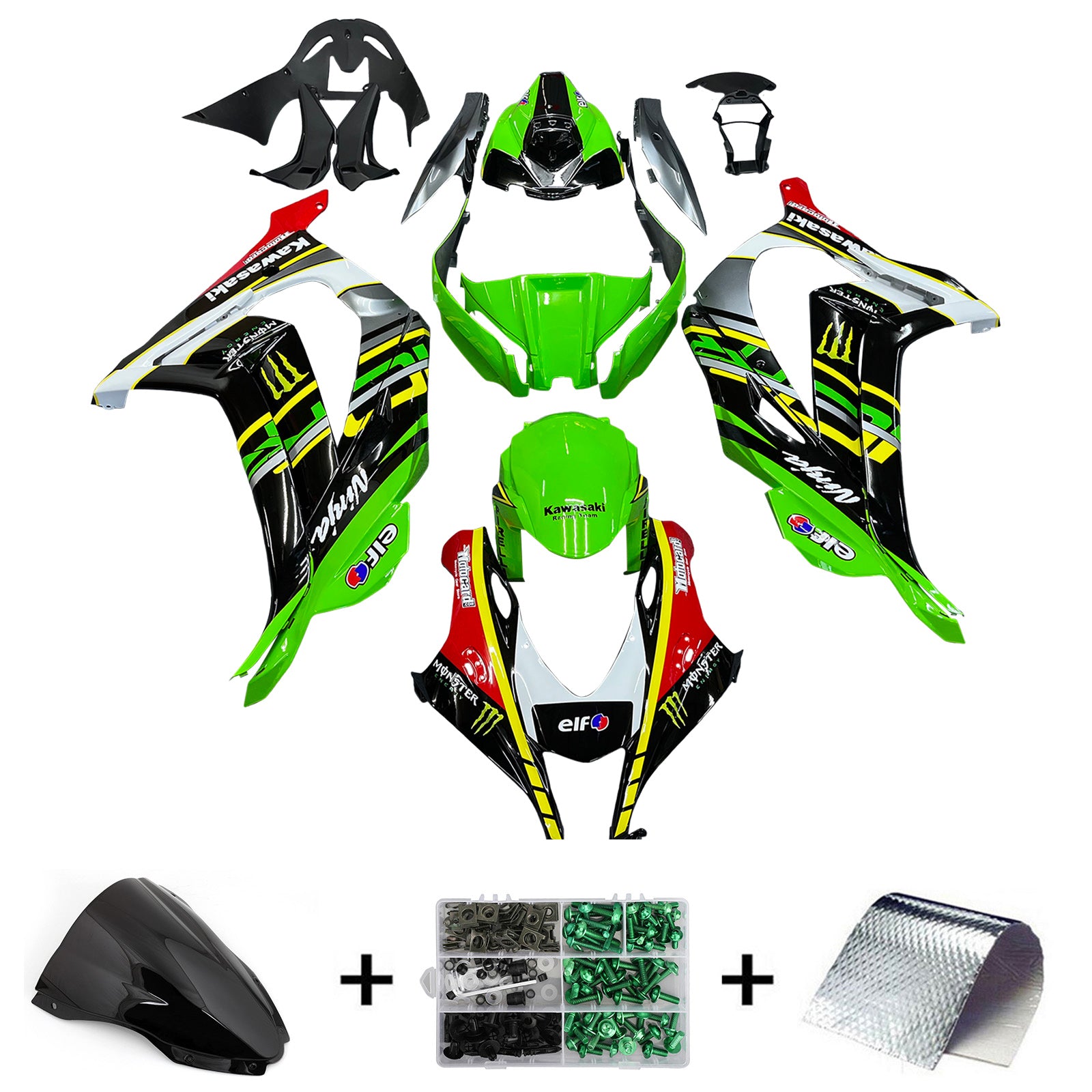 Amotopart 2016-2020 Kawasaki ZX10R ブラック&グリーン Style9 フェアリングキット