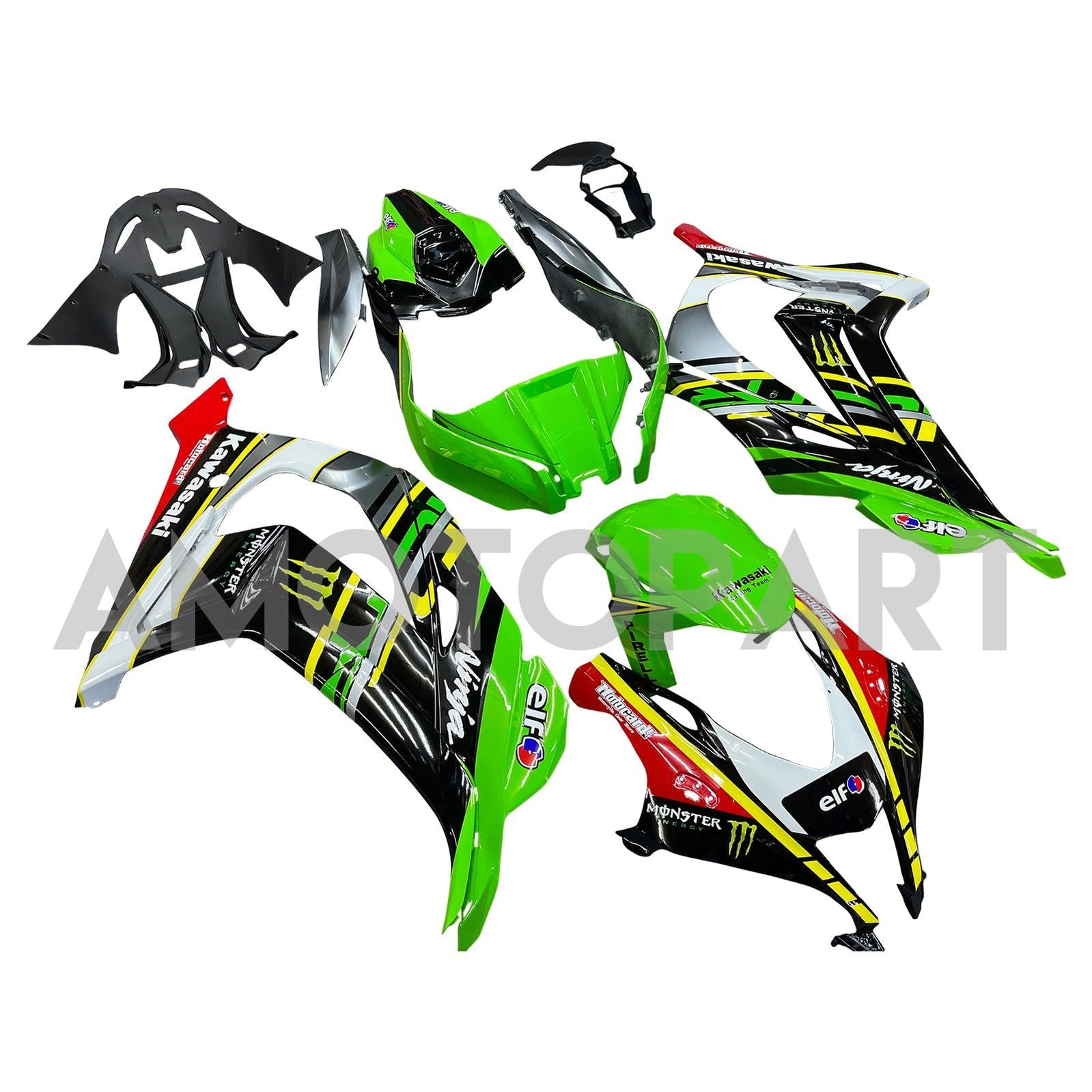 Amotopart 2016-2020 Kawasaki ZX10R ブラック&グリーン Style9 フェアリングキット