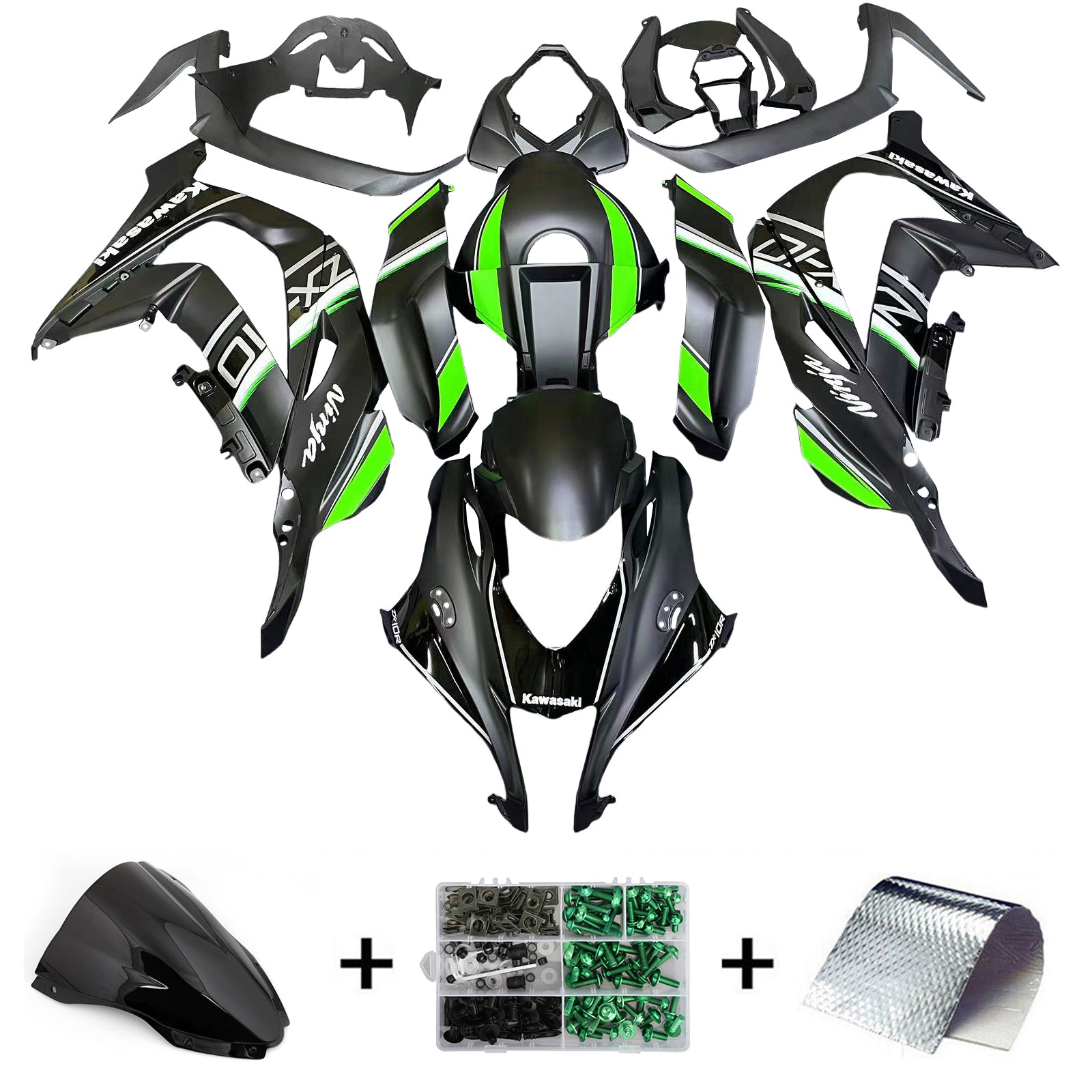 Amotopart 2016-2020 Kawasaki ZX10R Black&Green Style10 Fairing Kit