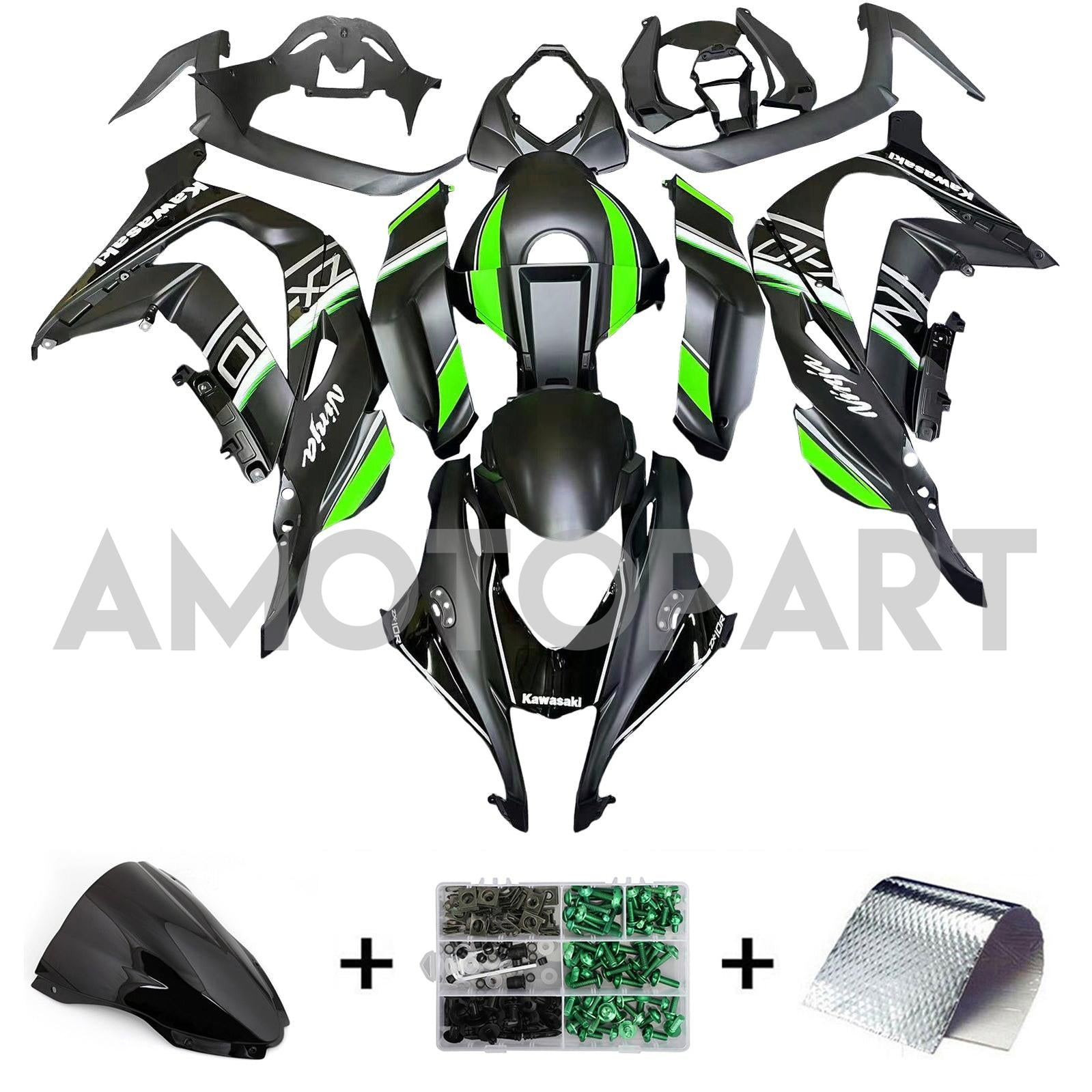 Amotopart 2016-2020 Kawasaki ZX10R Black&Green Style10 Fairing Kit