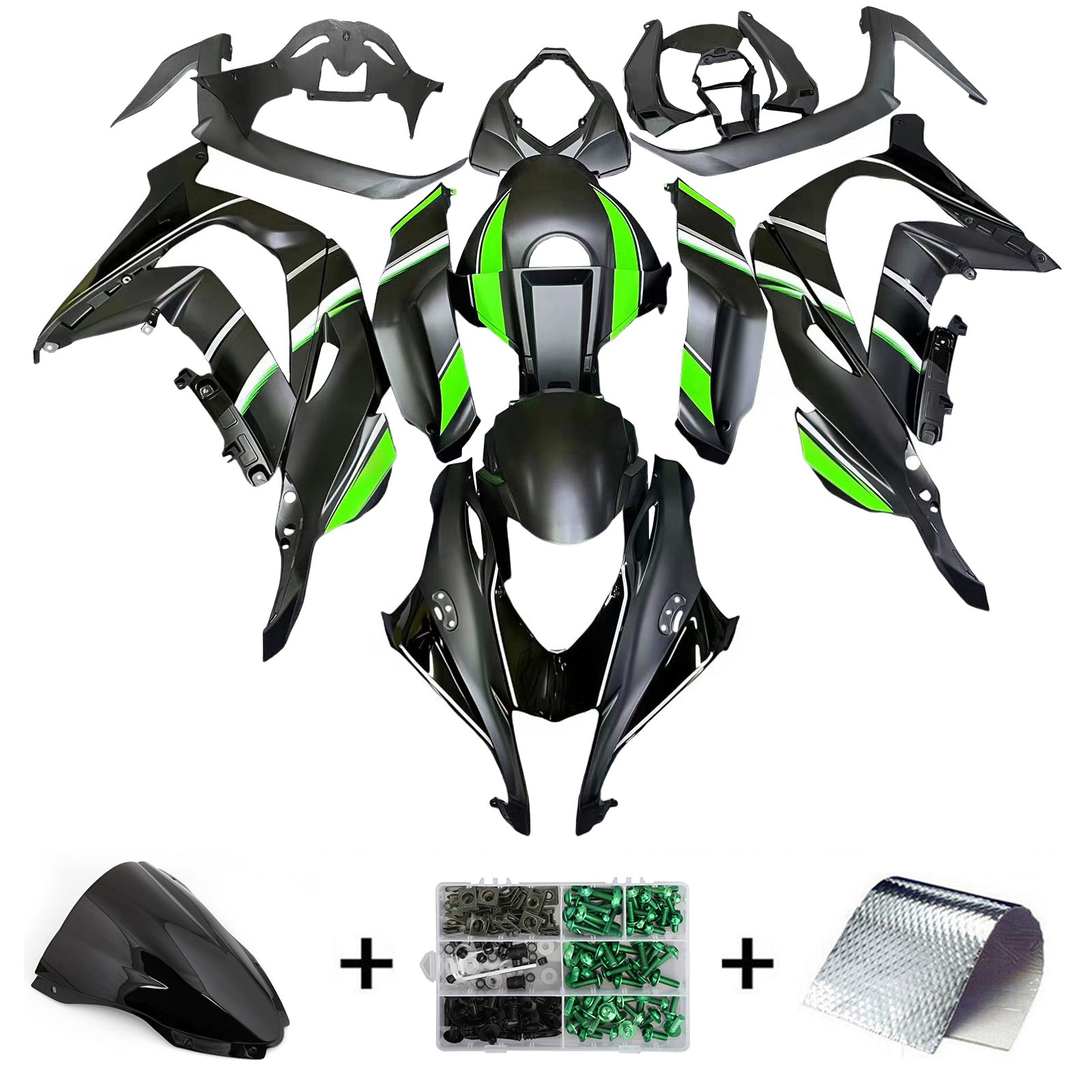 Amotopart 2016-2020 Kawasaki ZX10R Black&Green Style10 Fairing Kit