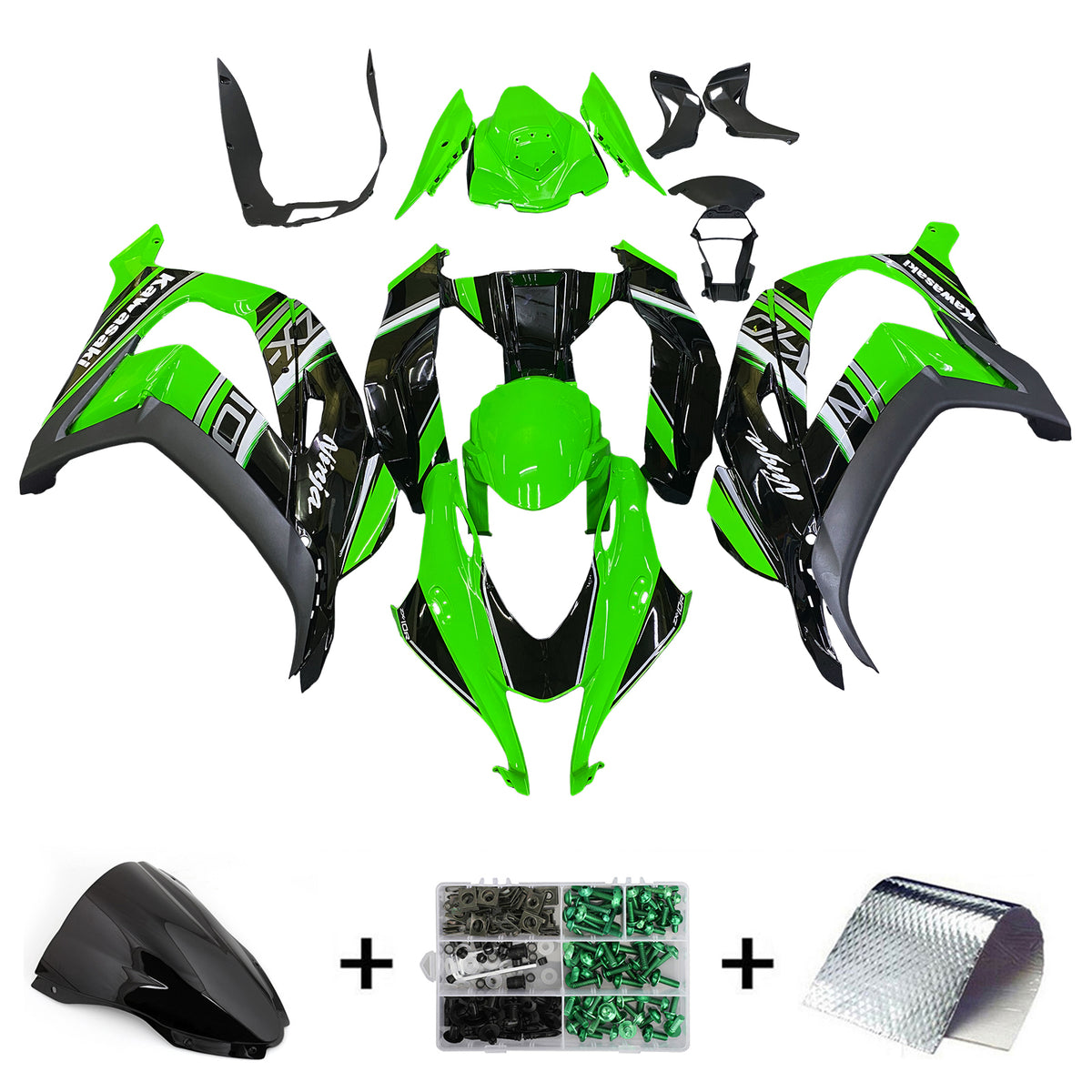 Amotopart 2016-2020 Kawasaki ZX10R Kit de carénage Style8 noir et vert