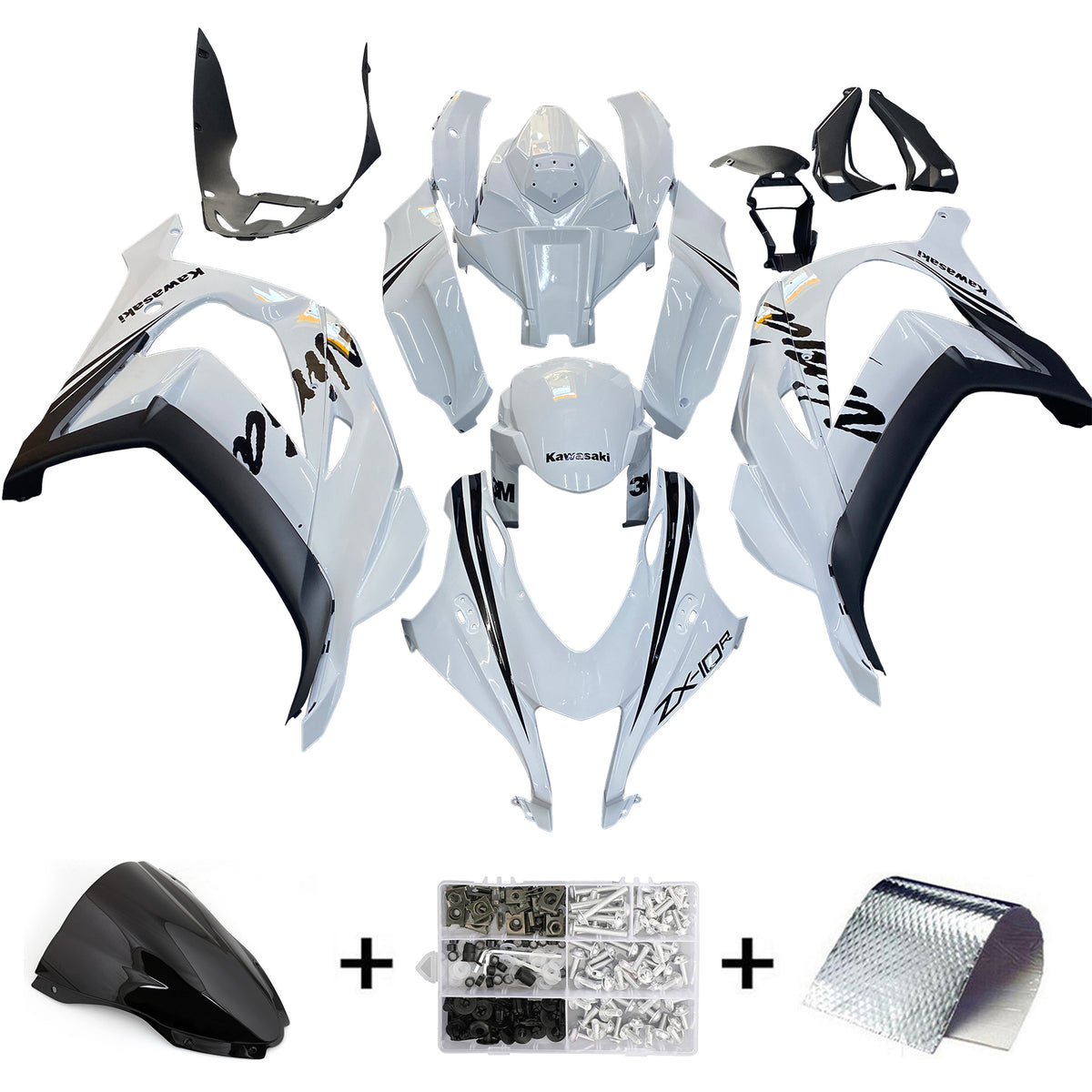 Amotopart 2016-2020 Kawasaki ZX10R Kit de carénage blanc avec logo noir