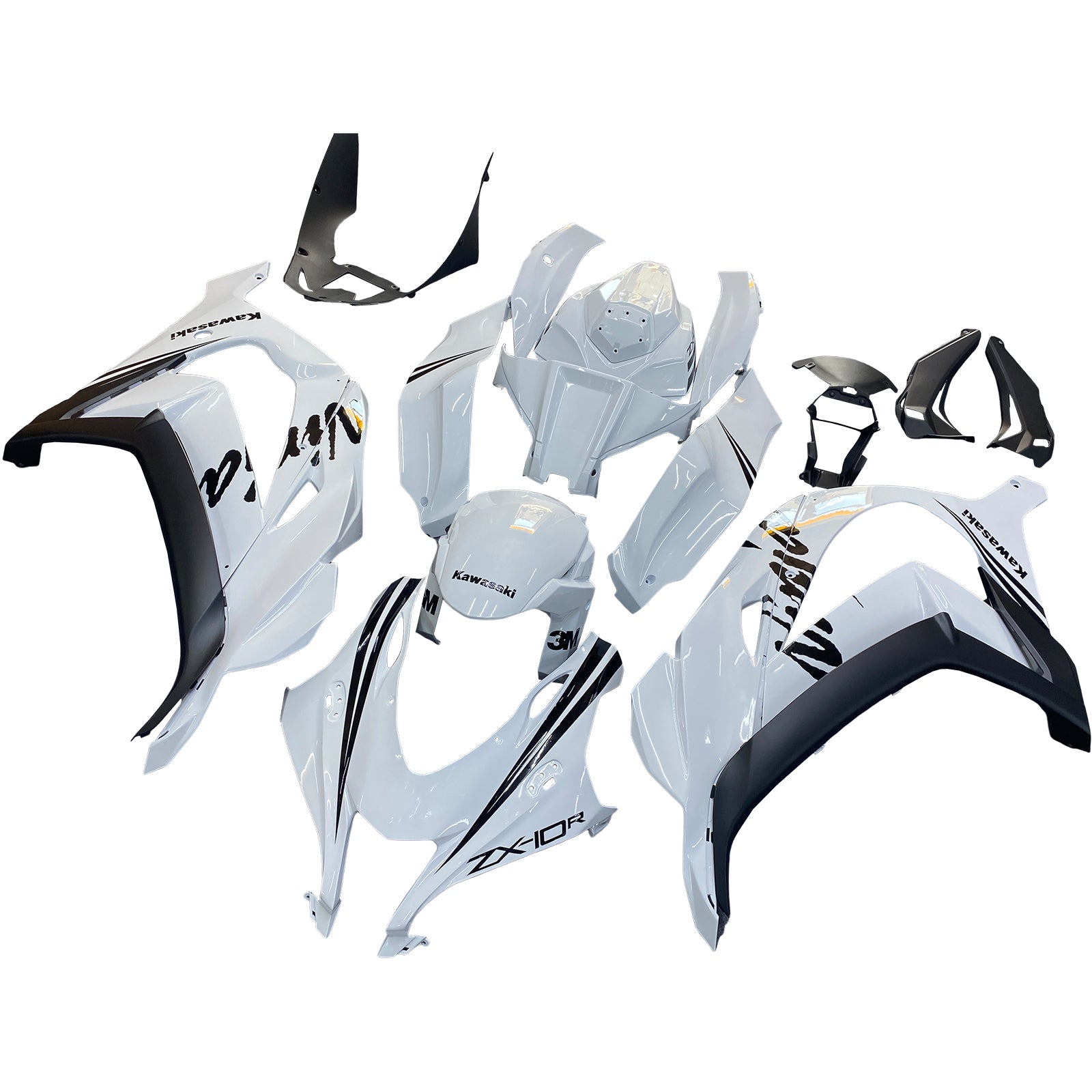 Amotopart 2016-2020 Kawasaki ZX10R White with Black Logo Fairing Kit