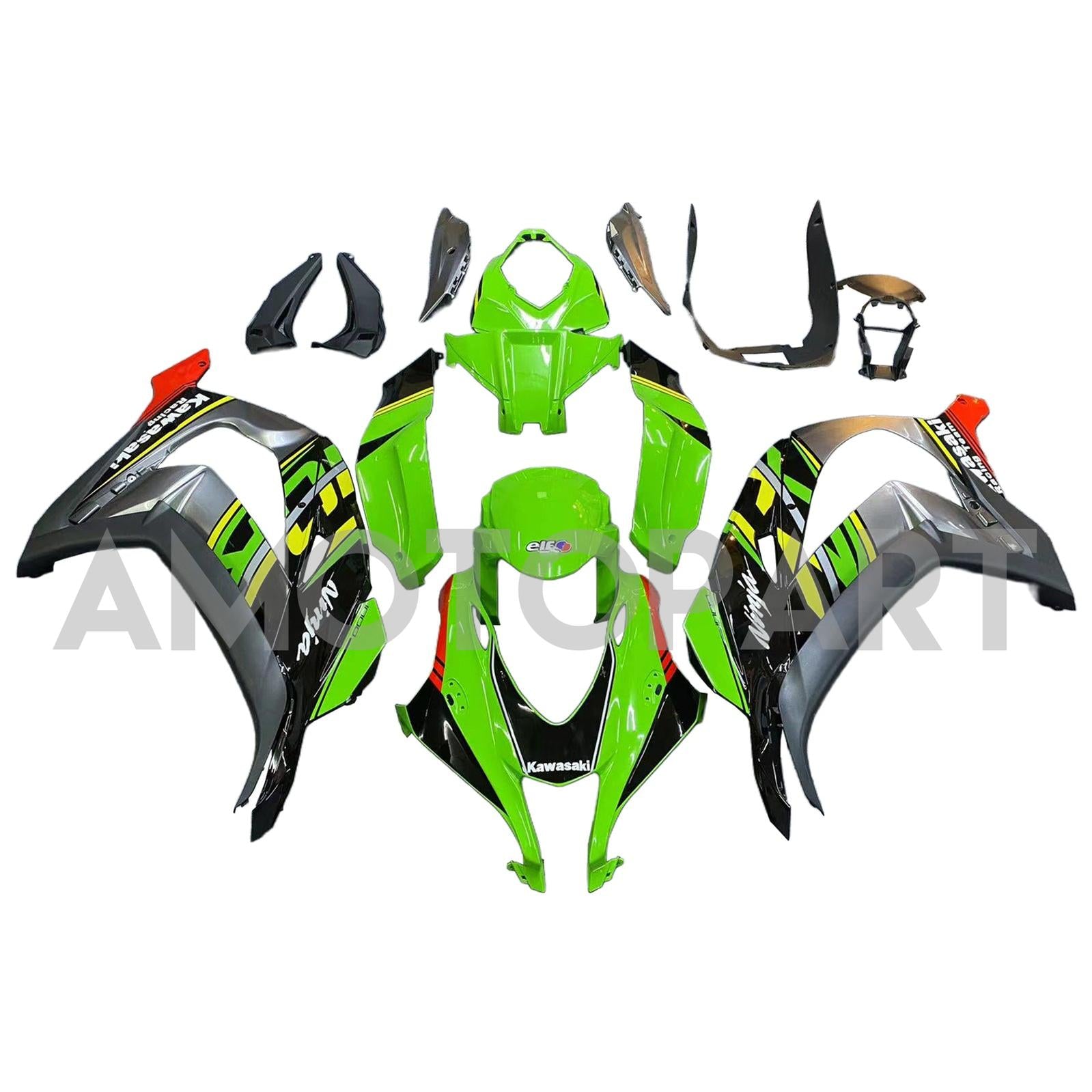 Amotopart 2016–2020 Kawasaki ZX10R, Schwarz&Grünes Style7-Verkleidungskit