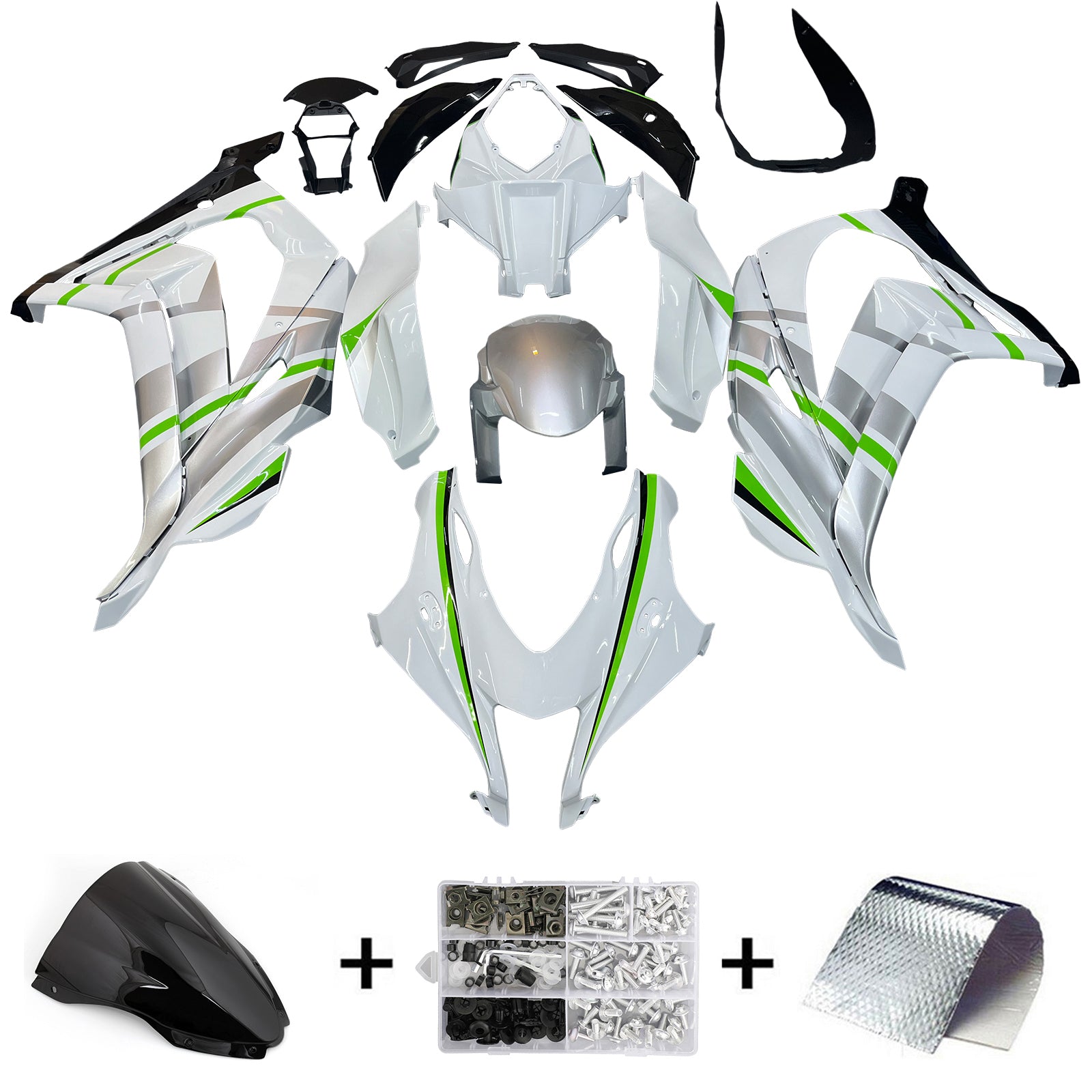 Amotopart 2016-2020 Kawasaki ZX10R Silver&Green Fairing Kit