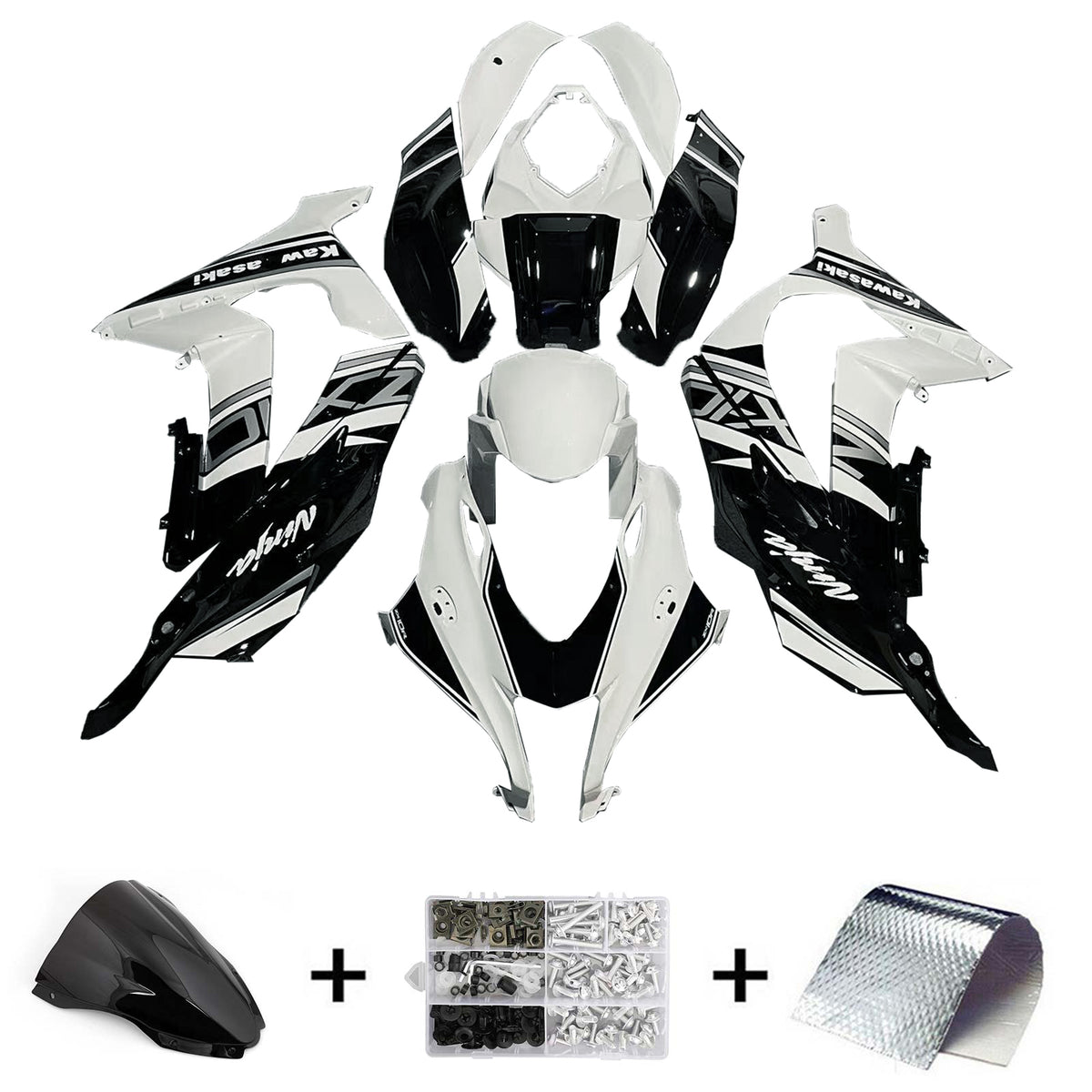 Amotopart 2016–2020 ZX10R Kawasaki Schwarz-Weiß Style3 Verkleidungsset