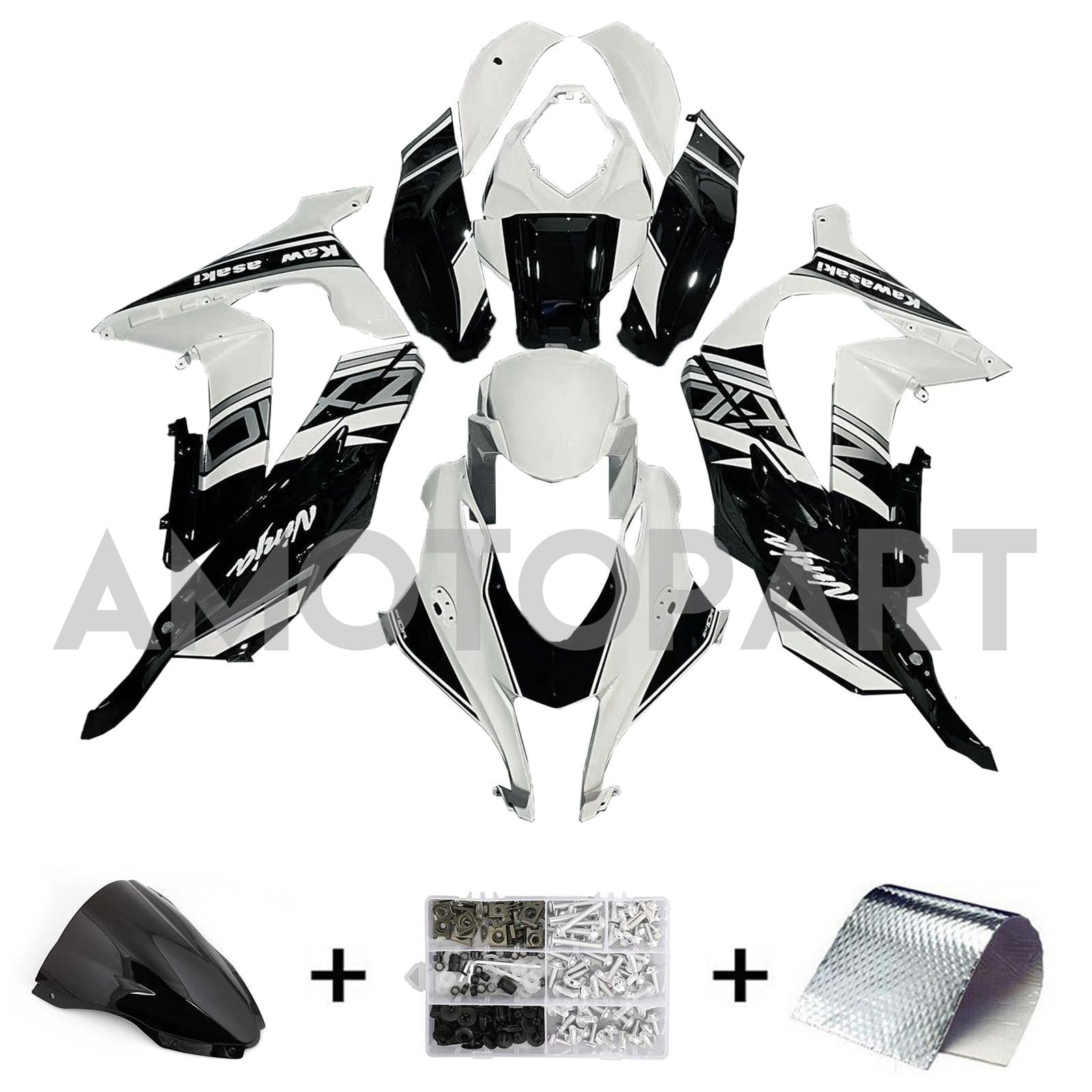 Amotopart 2016-2020 ZX10R Kawasaki Black & White Style3 Fairing Kit