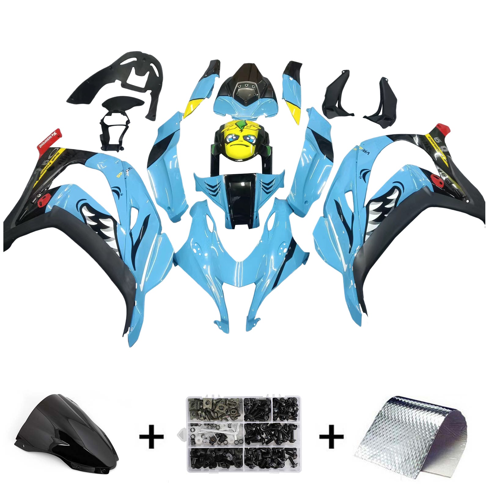 Amotopart 2016-2020 ZX10R Kawasaki Blue Shark Teeth Fairing Kit