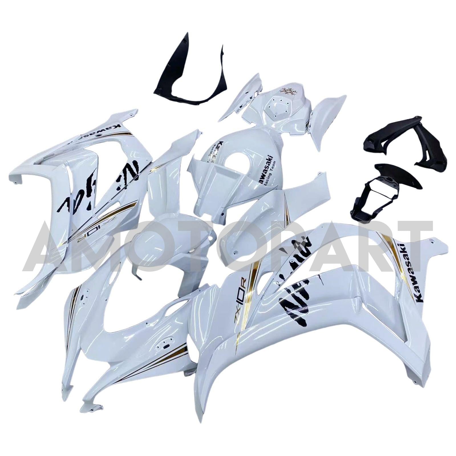 Amotopart 2016–2020 ZX10R Kawasaki Weiß&Schwarzes Logo-Verkleidungskit