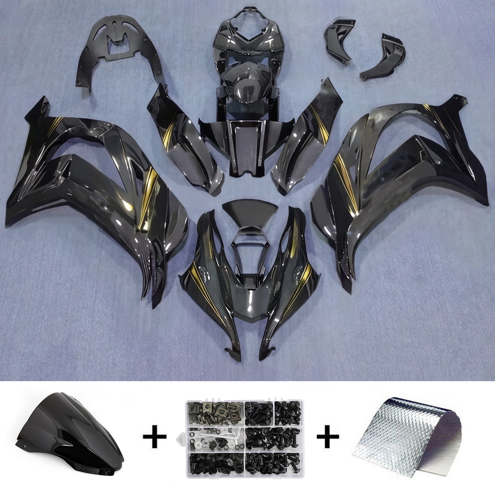 Amotopart 2016–2020 Kawasaki ZX10R Schwarzgold Carbonfaser-Muster-Verkleidungsset