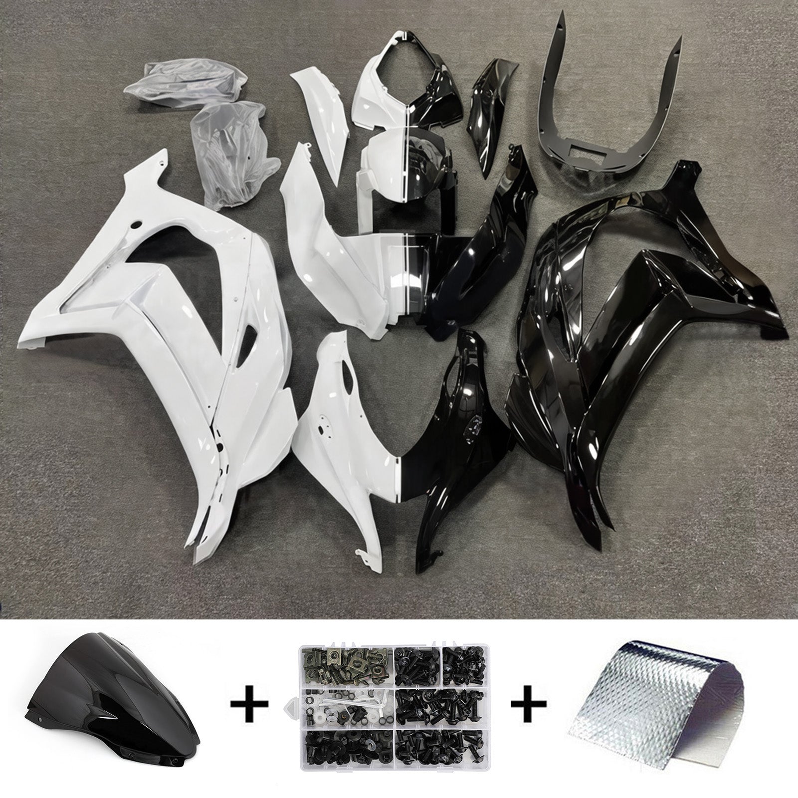 Amotopart 2016–2020 Kawasaki ZX10R Schwarz-weißes Verkleidungsset