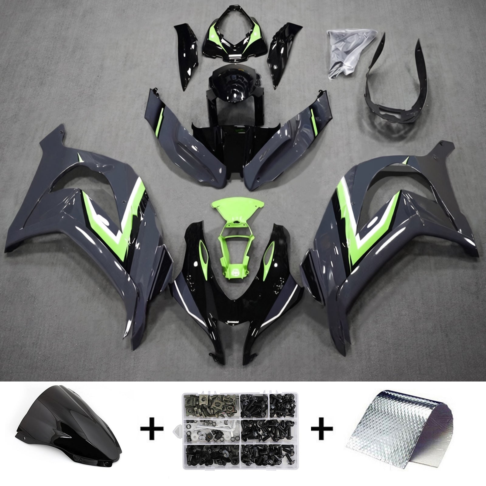Amotopart 2016-2020 Kawasaki ZX10R Sort Grå Grøn Fairing Kit