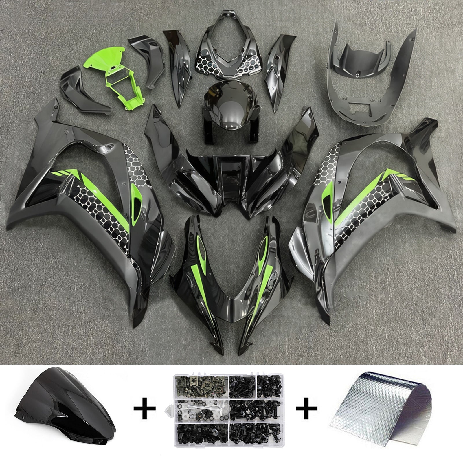 Amotopart 2016–2020 Kawasaki ZX10R Schwarz Grün Verkleidungsset