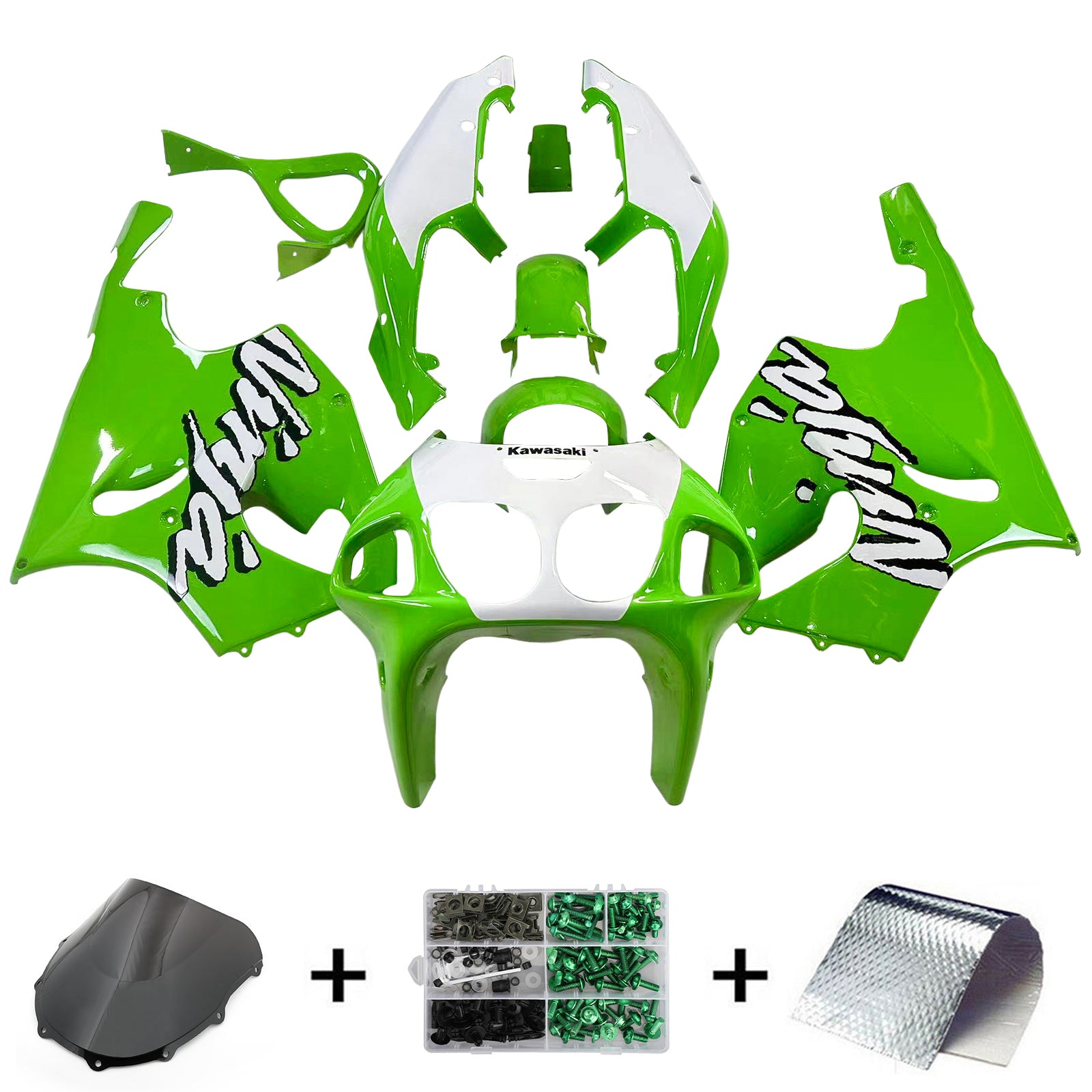 Amotopart 1996-2003 Kawasaki ZX7R Kit de carenado verde con logotipo blanco