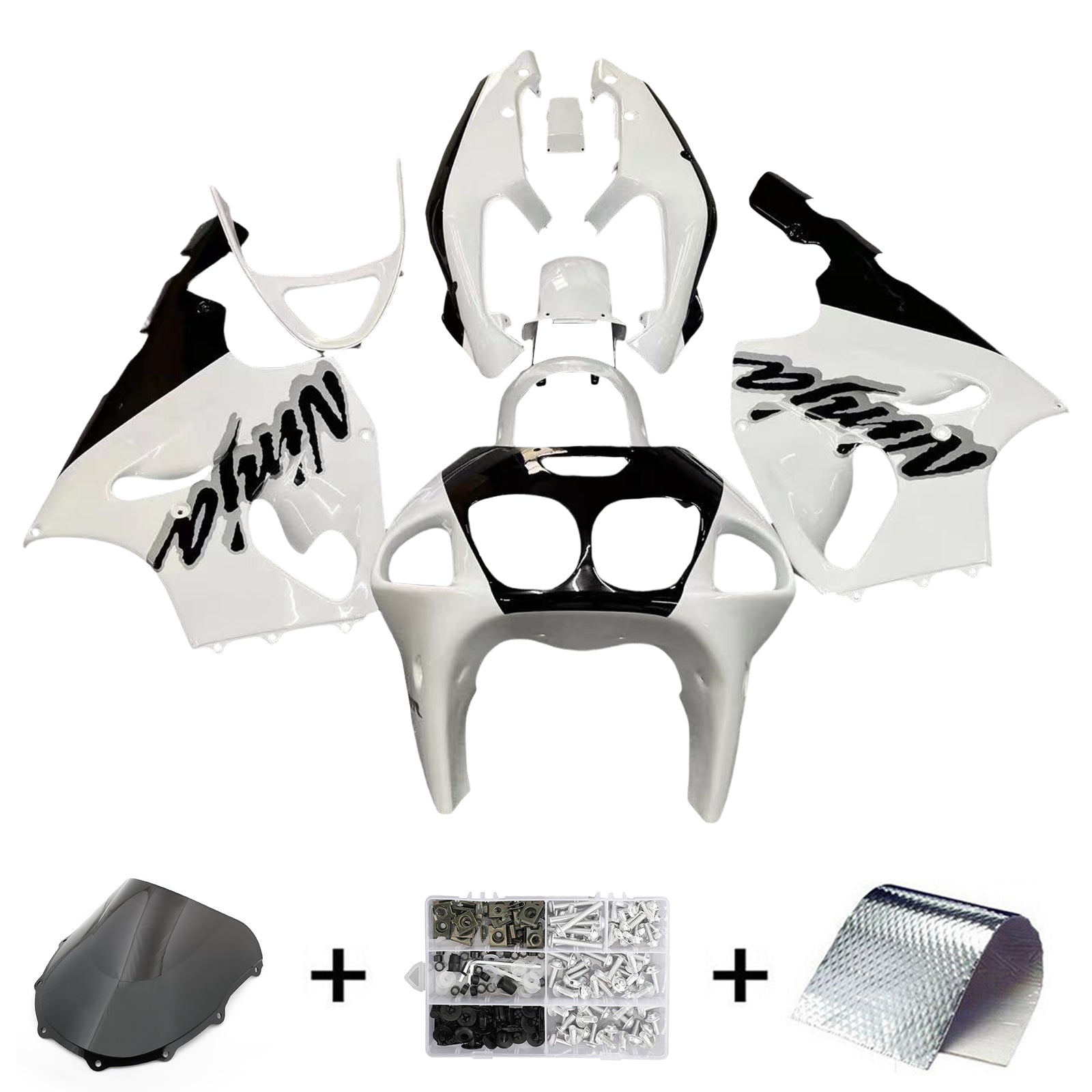 Amotopart 1996-2003 Kawasaki ZX7R White & Black Logo Fairing Kit