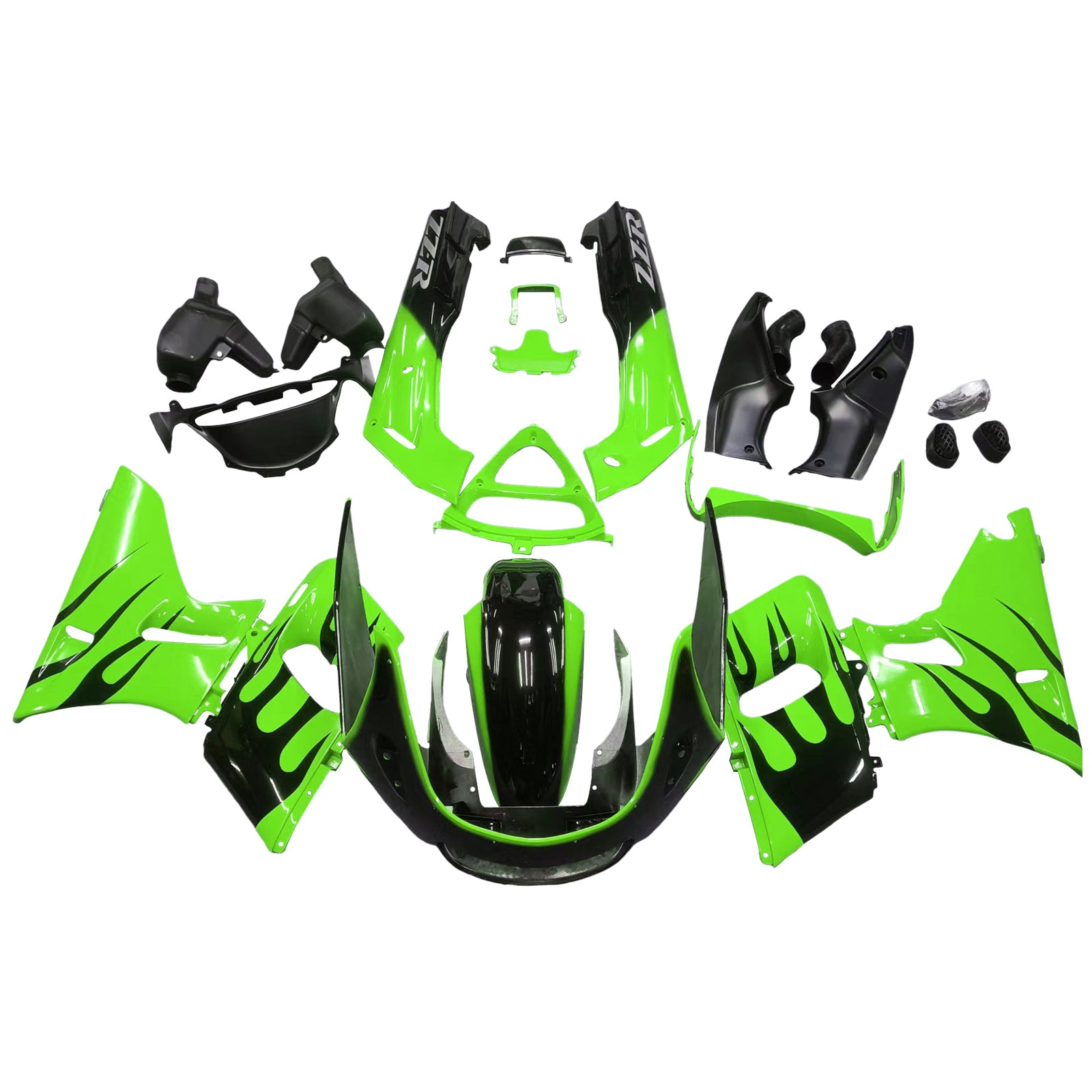 Amotopart ZZR400 1993-2007 ZZR600 1998-2003 Kawasaki Green&Black Flame Style4 Fairing Kit