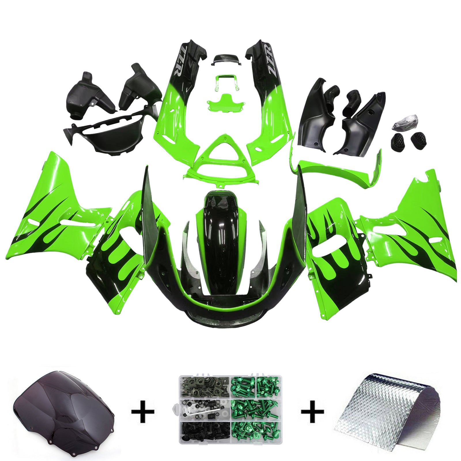 Amotopart ZZR400 1993-2007 ZZR600 1998-2003 Kawasaki Green&Black Flame Style4 Fairing Kit