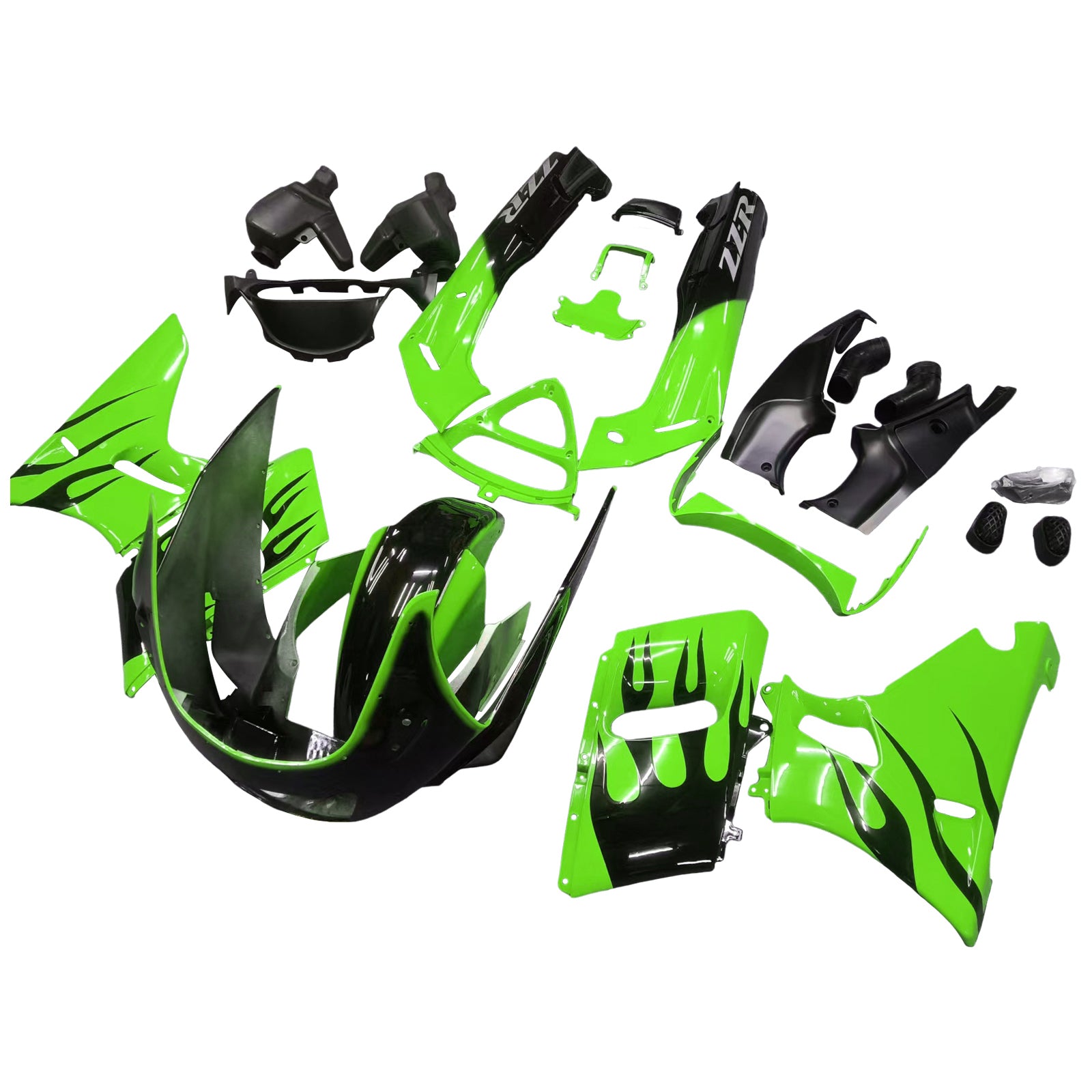 Amotopart ZZR400 1993-2007 ZZR600 1998-2003 Kawasaki Green&Black Flame Style4 Fairing Kit