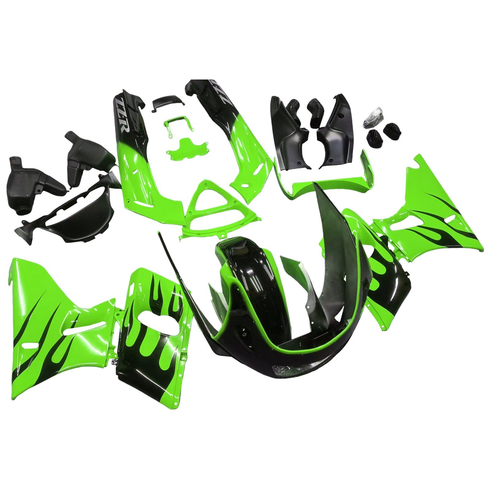 Amotopart ZZR400 1993-2007 ZZR600 1998-2003 Kawasaki Green&Black Flame Style4 Fairing Kit