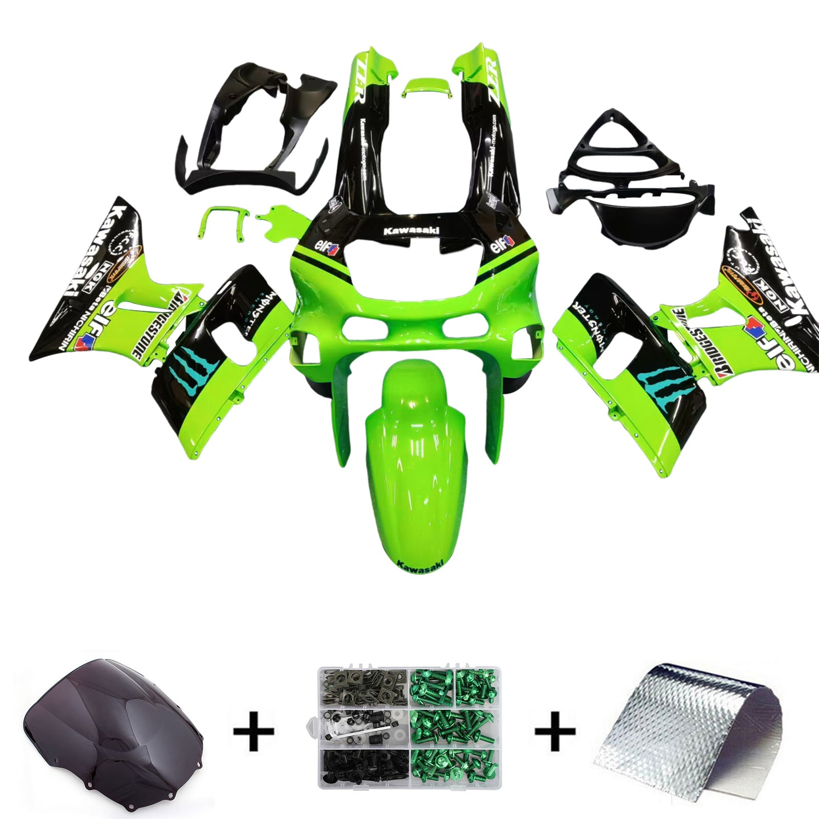 Amotopart ZZR400 1993-2007 ZZR600 1998-2003 Kawasaki Green&Black Style2 Fairing Kit