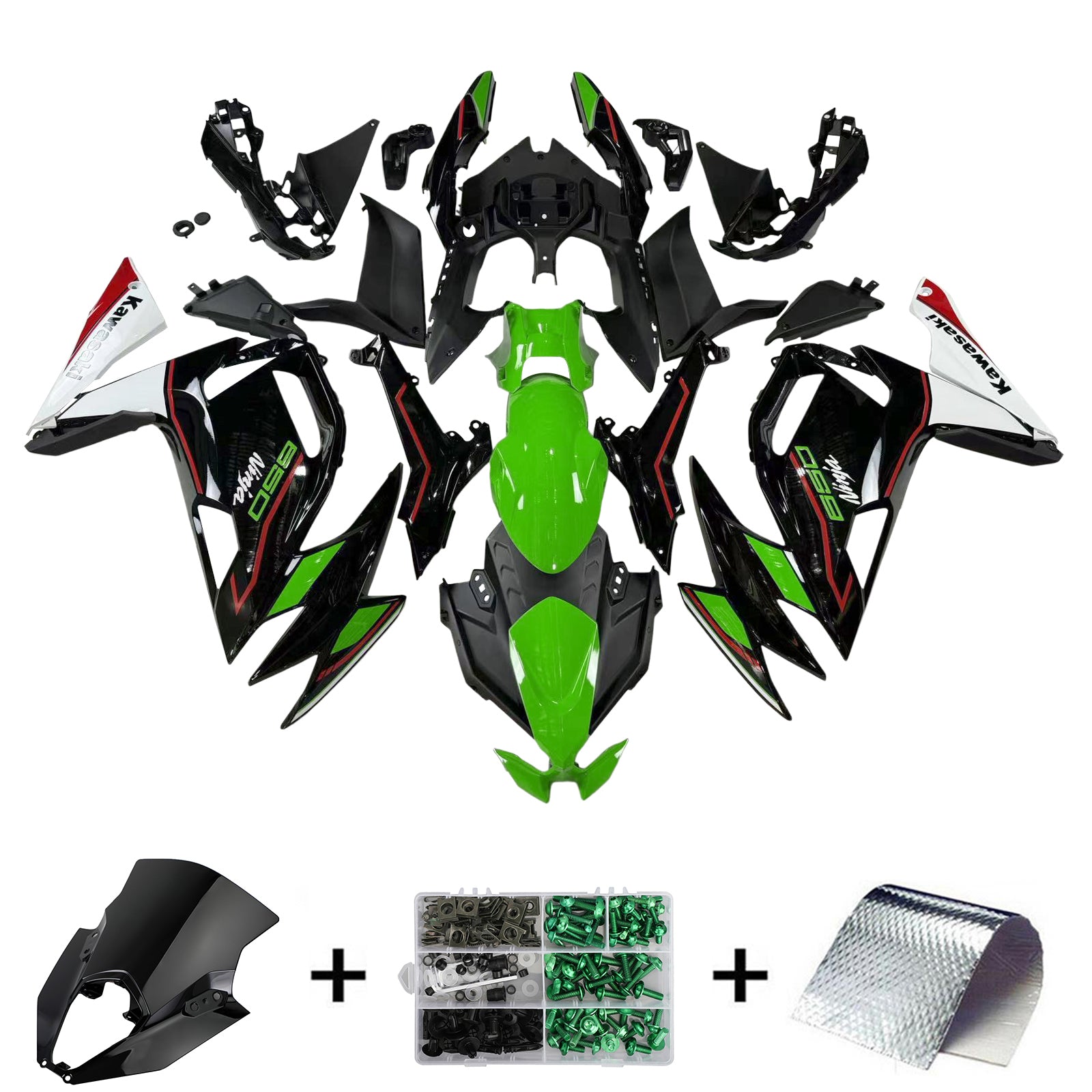 Amotopart 2020-2024 Kawasaki ER-6F Ninja650 Kit de carénage vert et noir Style2