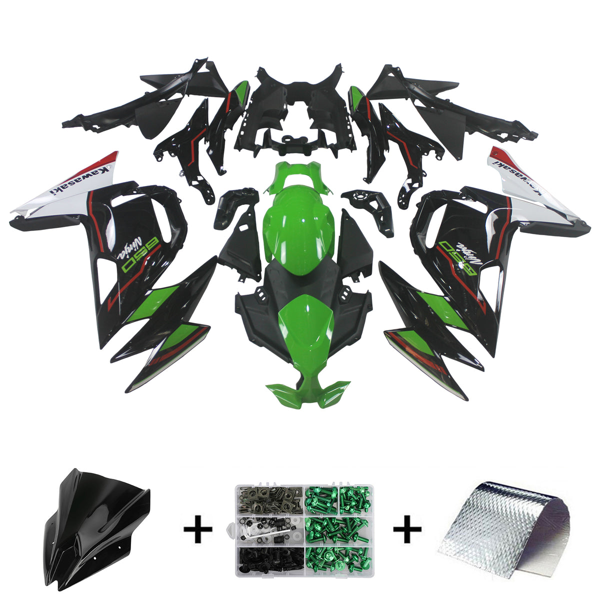 Amotopart 2020-2024 Kawasaki ER-6F Ninja650 Kit de carénage vert et noir