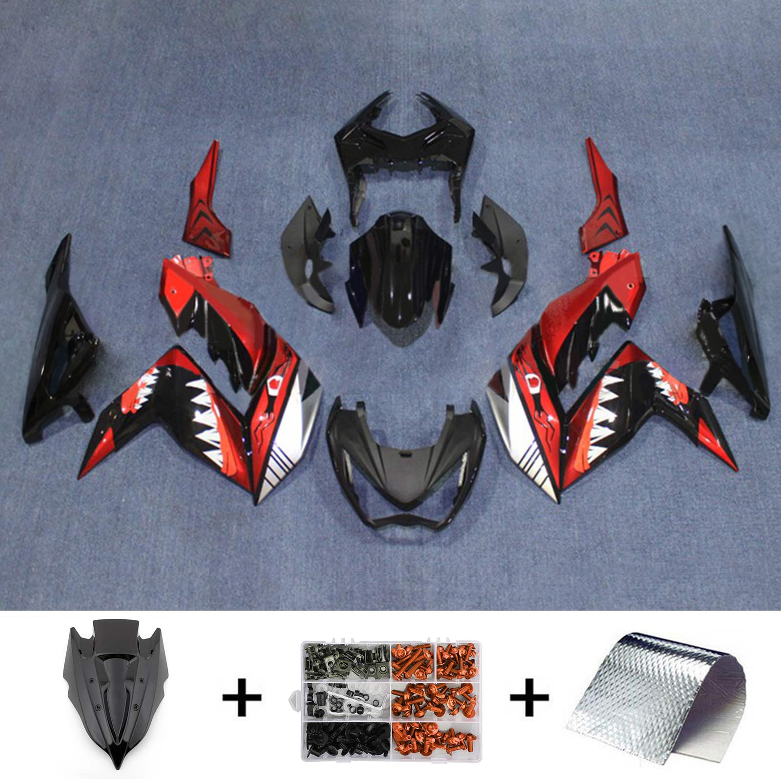 Amotopart 2015-2016 Z250 Z300 カワサキ レッド&ブラック シャークティース フェアリングキット