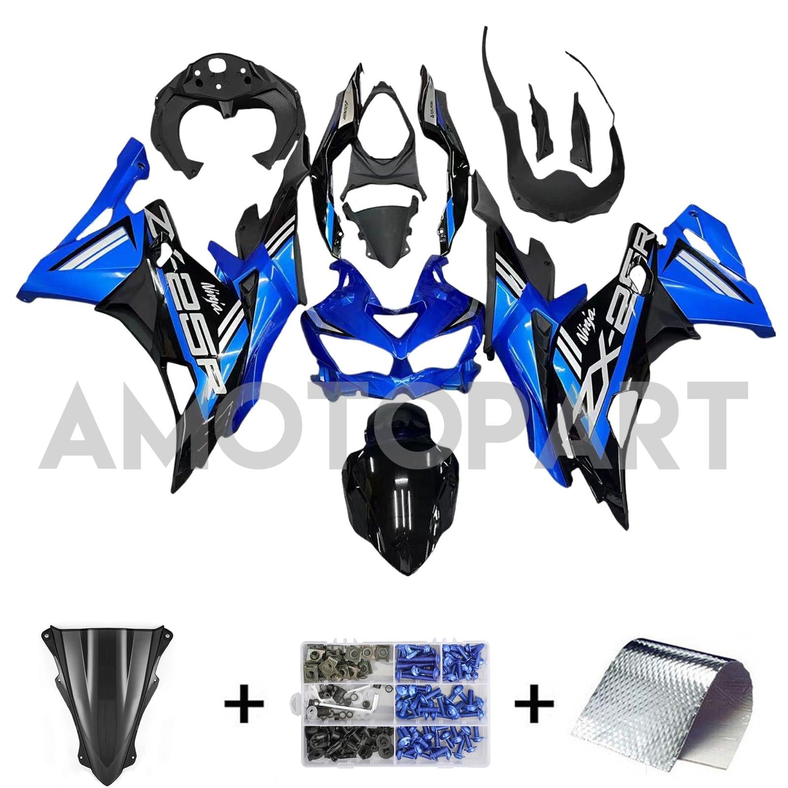 Amotopart 2019-2025 Kawasaki Ninja ZX-25R ZX-4R ZX-4RR Black Blue Fairing Kit