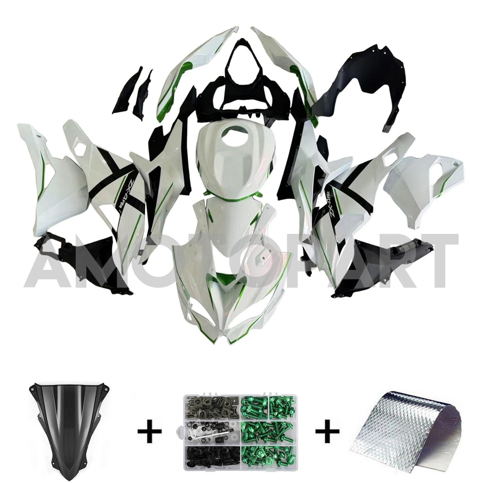 Amotopart 2019-2025 Ninja ZX-25R ZX-4R ZX-4RR Kawasaki White with Green Stripes Fairing Kit