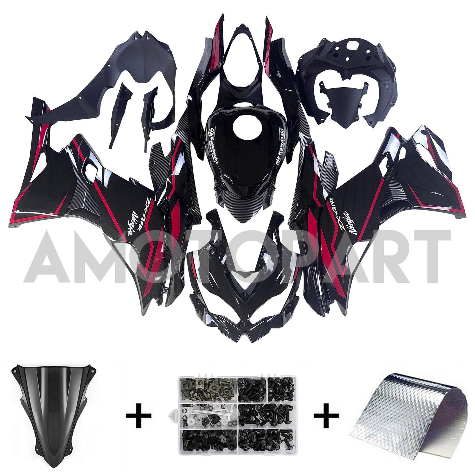 Amotopart 2019–2025 Ninja ZX-25R ZX-4R ZX-4RR Kawasaki, Schwarz&Verkleidungssatz mit roten Streifen