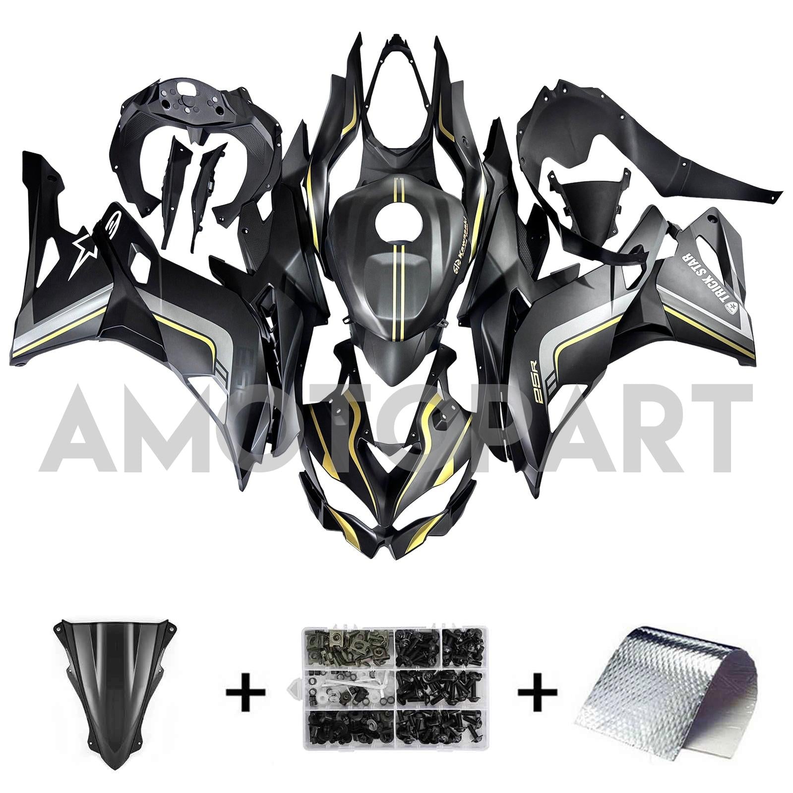Amotopart 2019-2025 Ninja ZX-25R ZX-4R ZX-4RR Kawasaki Black&Gold Stripes Fairing Kit