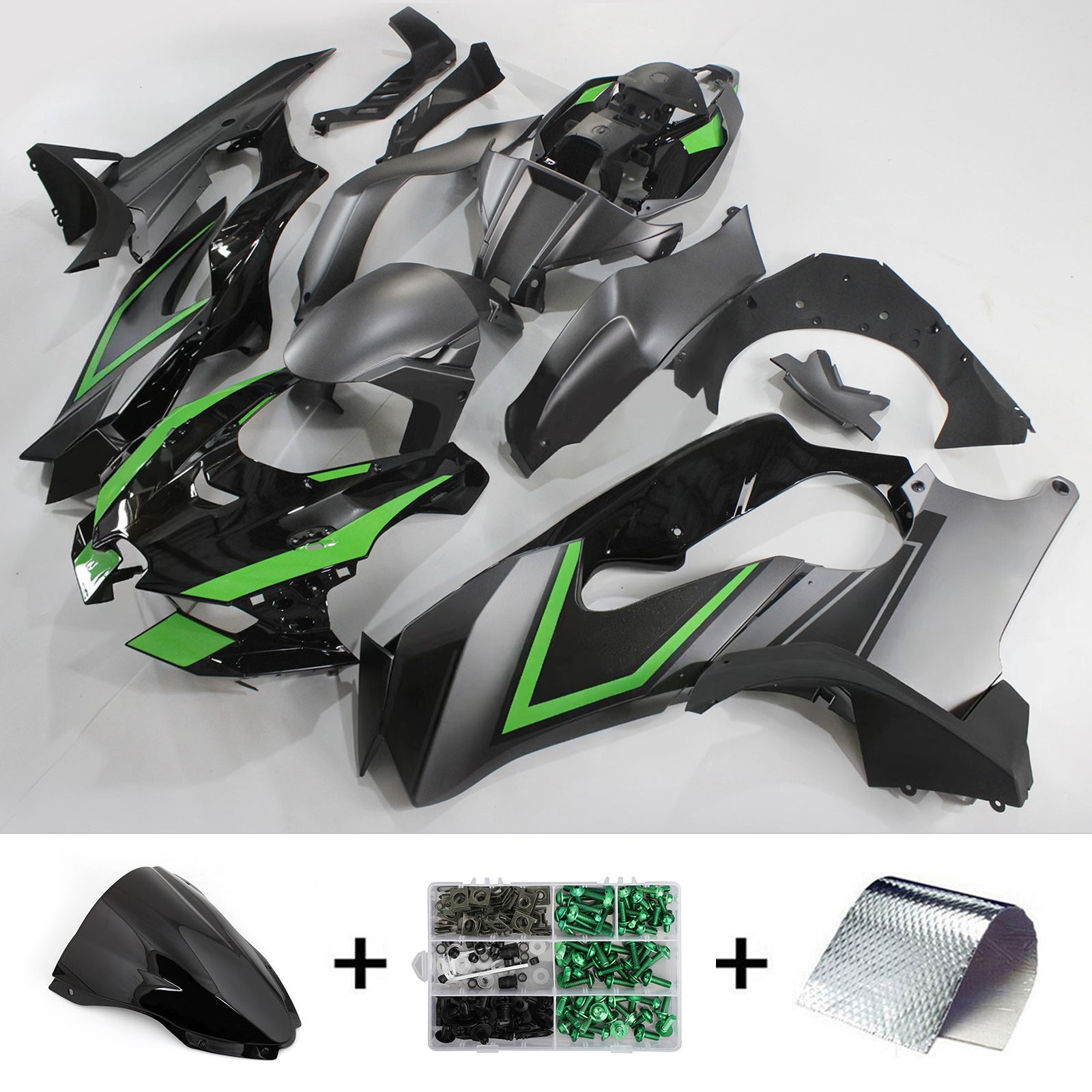 Amotopart 2021-2025 Kawasaki ZX10R ZX10RR Black with Green Accent Style2 Fairing