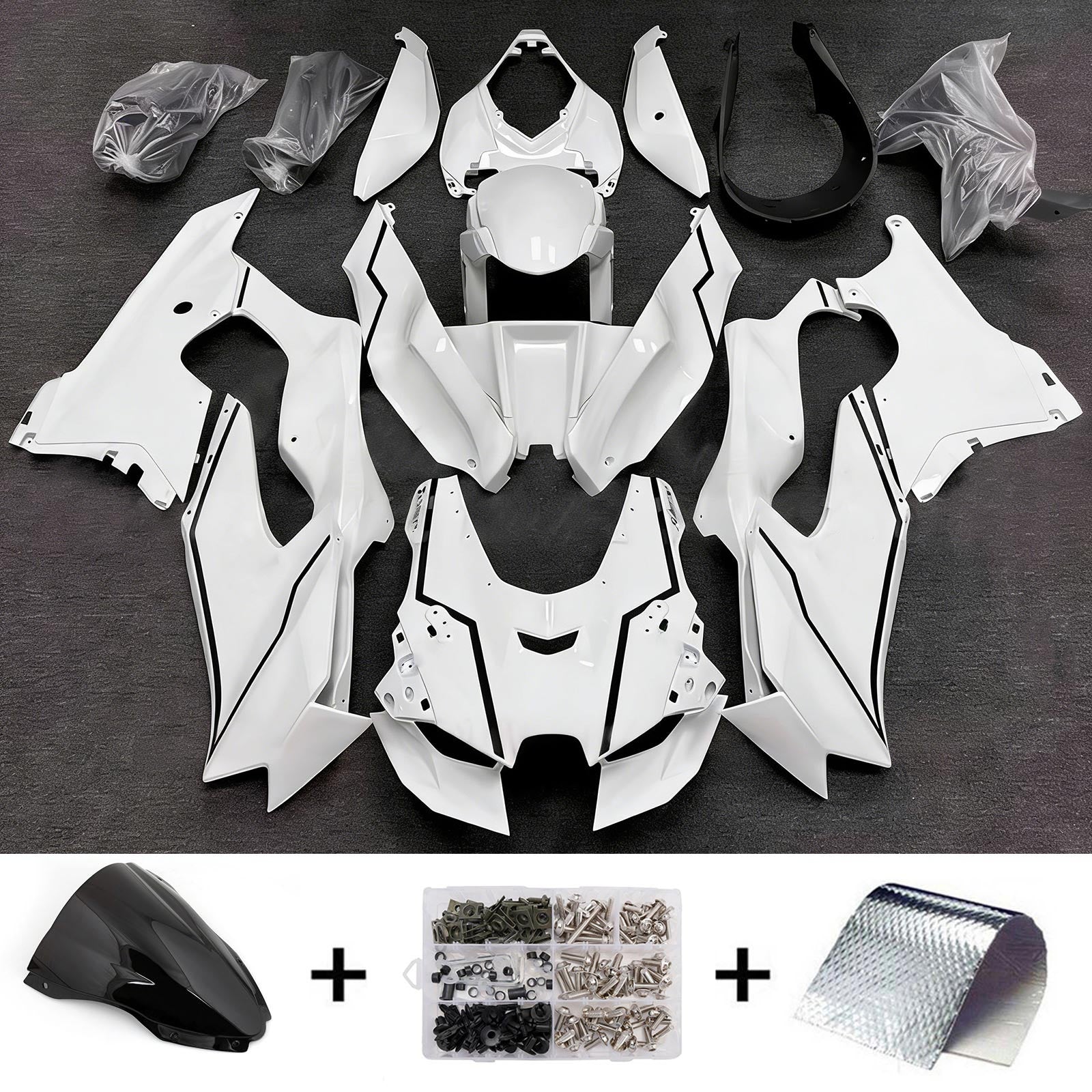 Amotopart 2021-2025 Kawasaki ZX-10R/ZX-10RR White with Black Stripe Fairing Kit