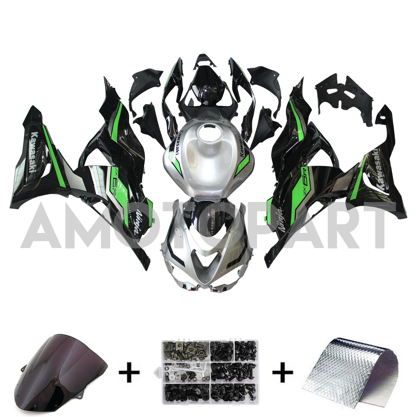 Amotopart 2024-2025 Kawasaki ZX6R Kit de carénage vert gris noir