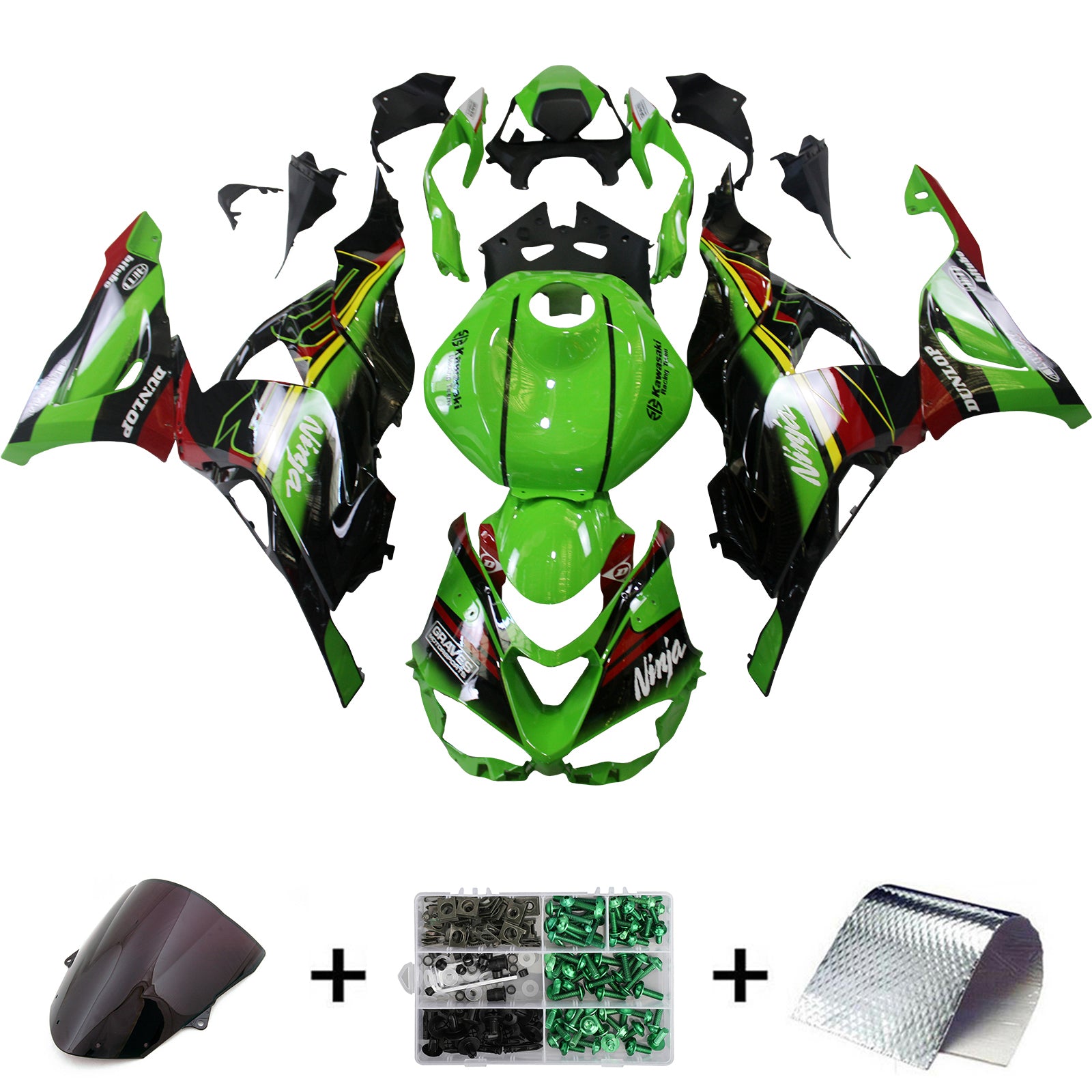 Kit de carénage Amotopart 2024 Kawasaki ZX6R noir vert rouge