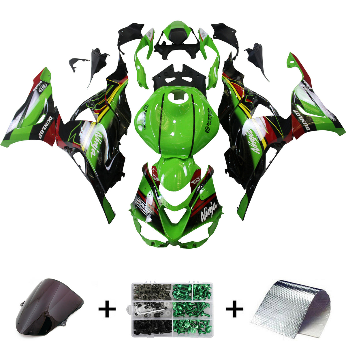 Kit de carenado Amotopart 2024 Kawasaki ZX6R negro verde rojo