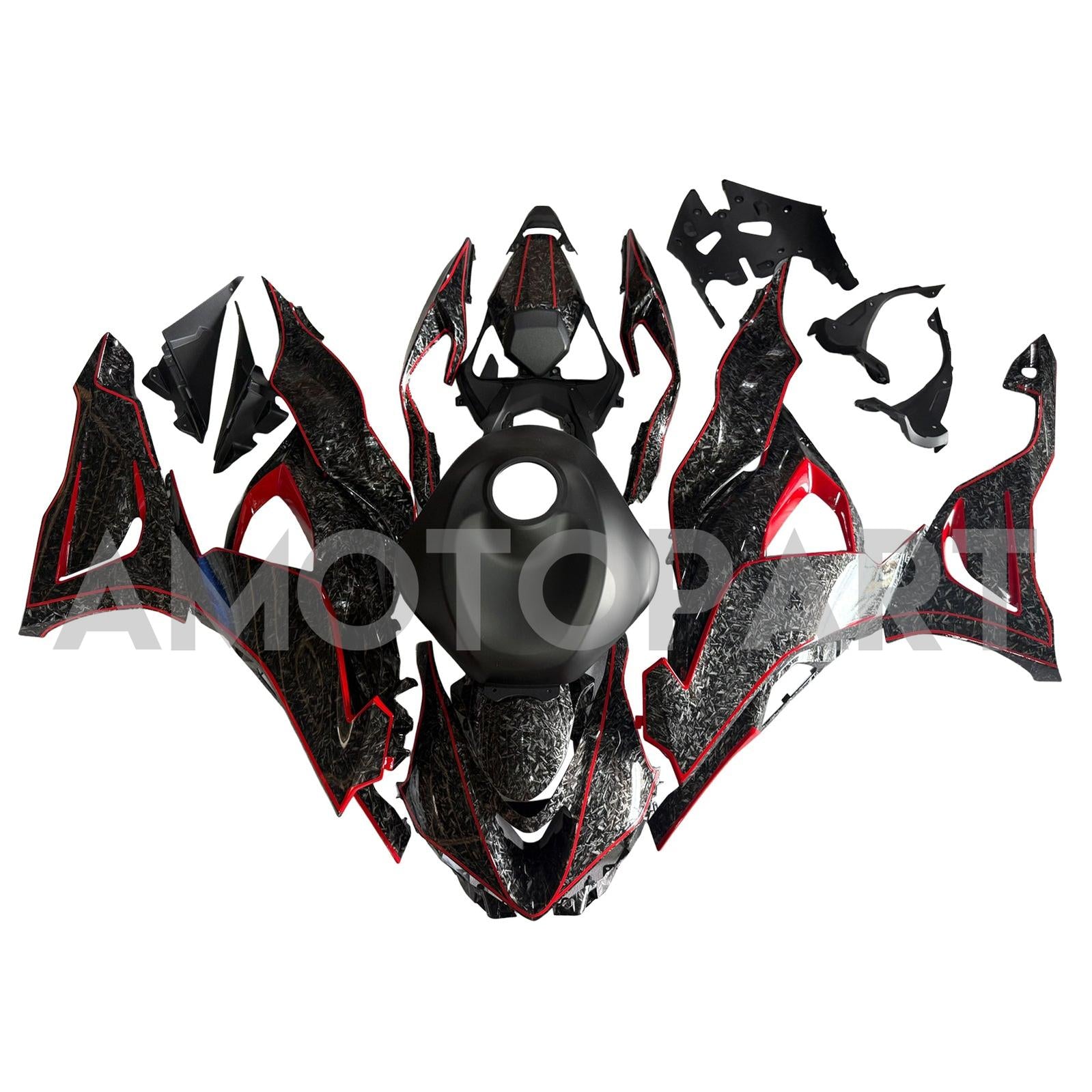 Amotopart 2024-2025 Kawasaki ZX-6R Black Forged Carbon Fiber Pattern Red Fairing Kit