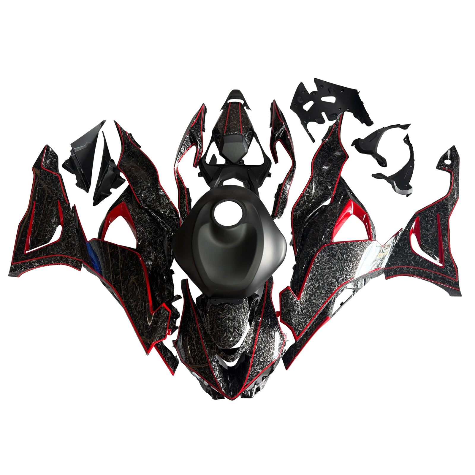 Amotopart 2024-2025 Kawasaki ZX-6R Black Forged Carbon Fiber Pattern Red Fairing Kit